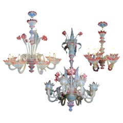 Vintage Stunning Trio Light Blue and Pink Venetian Chandeliers, Murano, 1950s