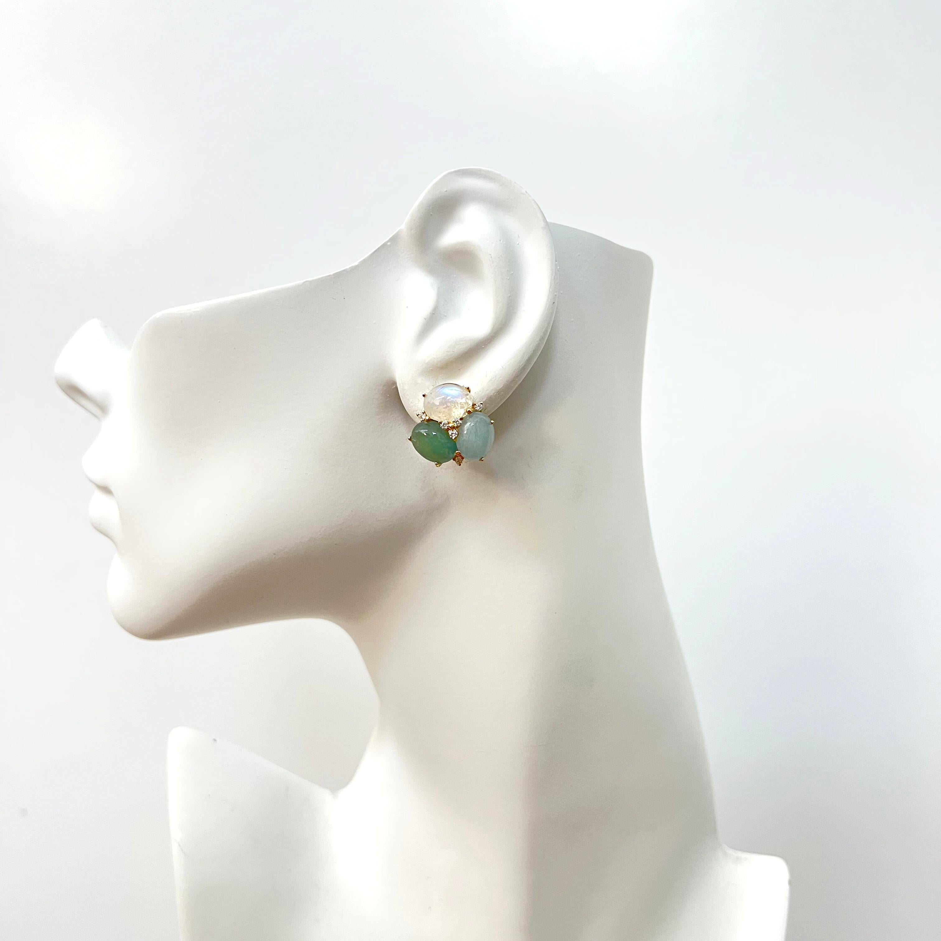 Women's Stunning Triple Oval Aquamarine, Green Beryl, Rainbow Moonstone Earrings
