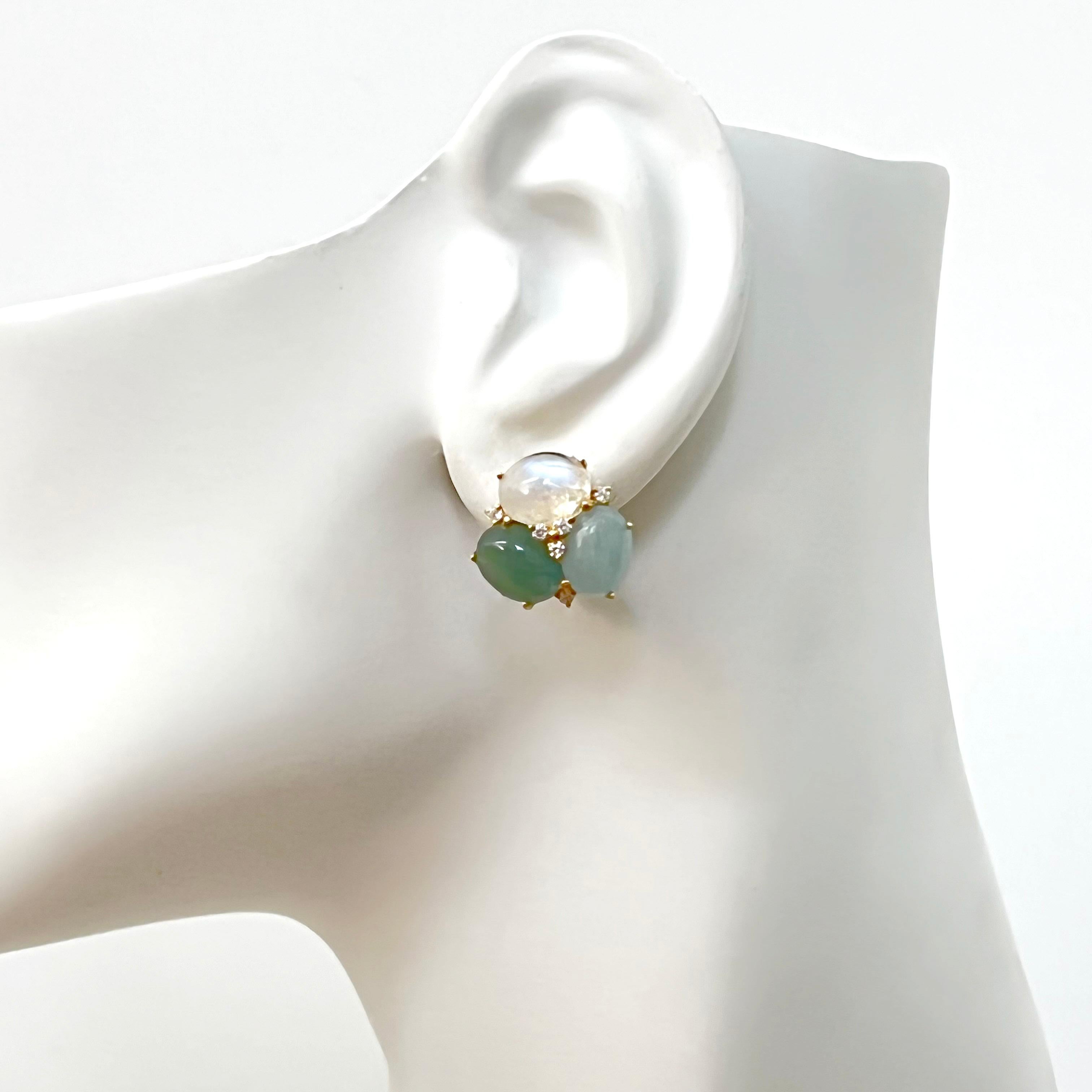 Stunning Triple Oval Aquamarine, Green Beryl, Rainbow Moonstone Earrings 1