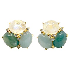 Stunning Triple Oval Aquamarine, Green Beryl, Rainbow Moonstone Earrings
