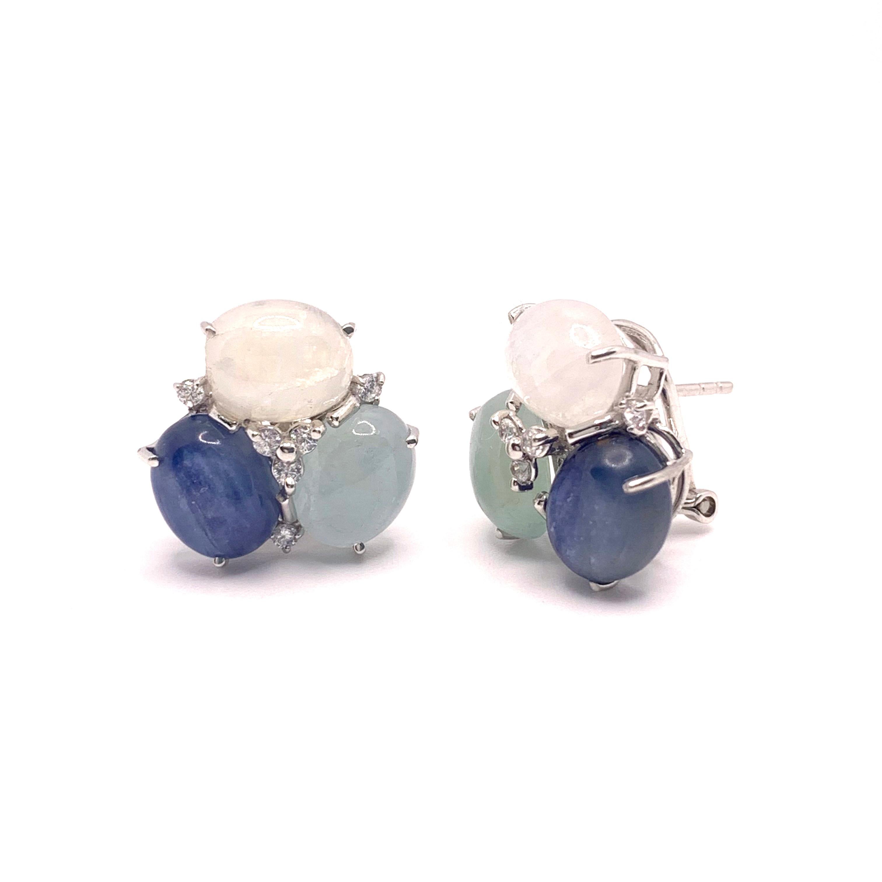 Contemporary Stunning Triple Oval Aquamarine, Kyanite, Rainbow Moonstone Earrings For Sale