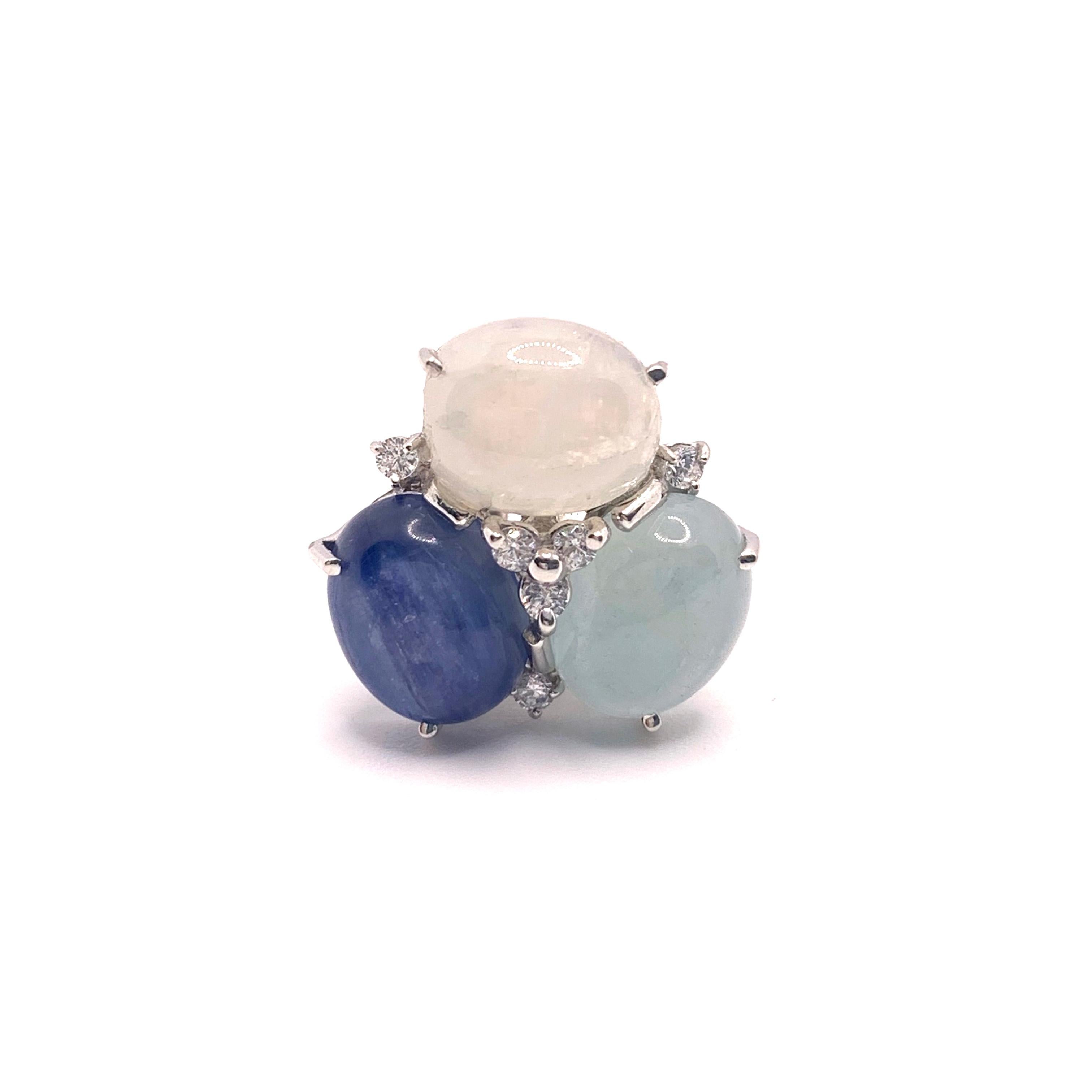 Oval Cut Stunning Triple Oval Aquamarine, Kyanite, Rainbow Moonstone Earrings For Sale