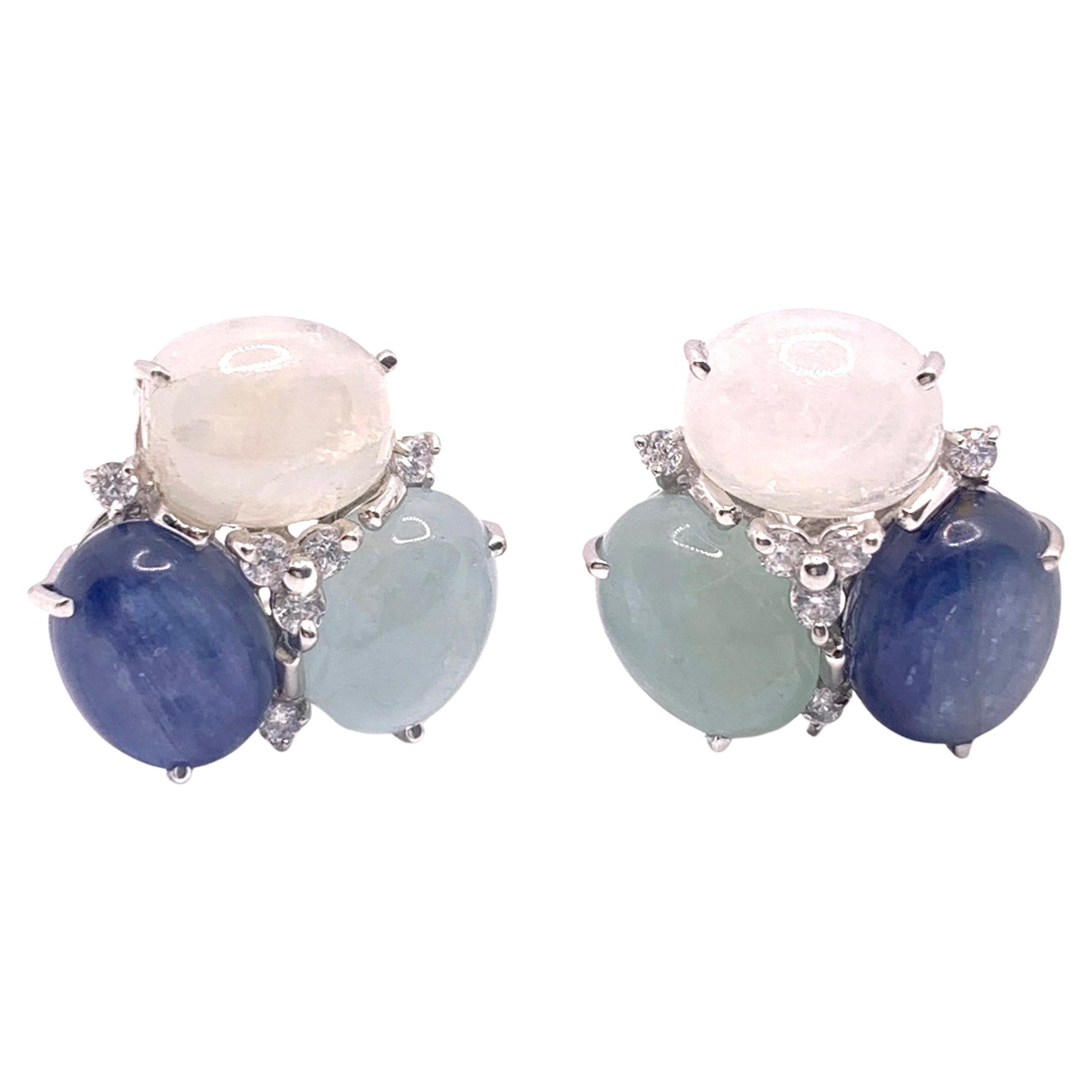 Stunning Triple Oval Aquamarine, Kyanite, Rainbow Moonstone Earrings For Sale