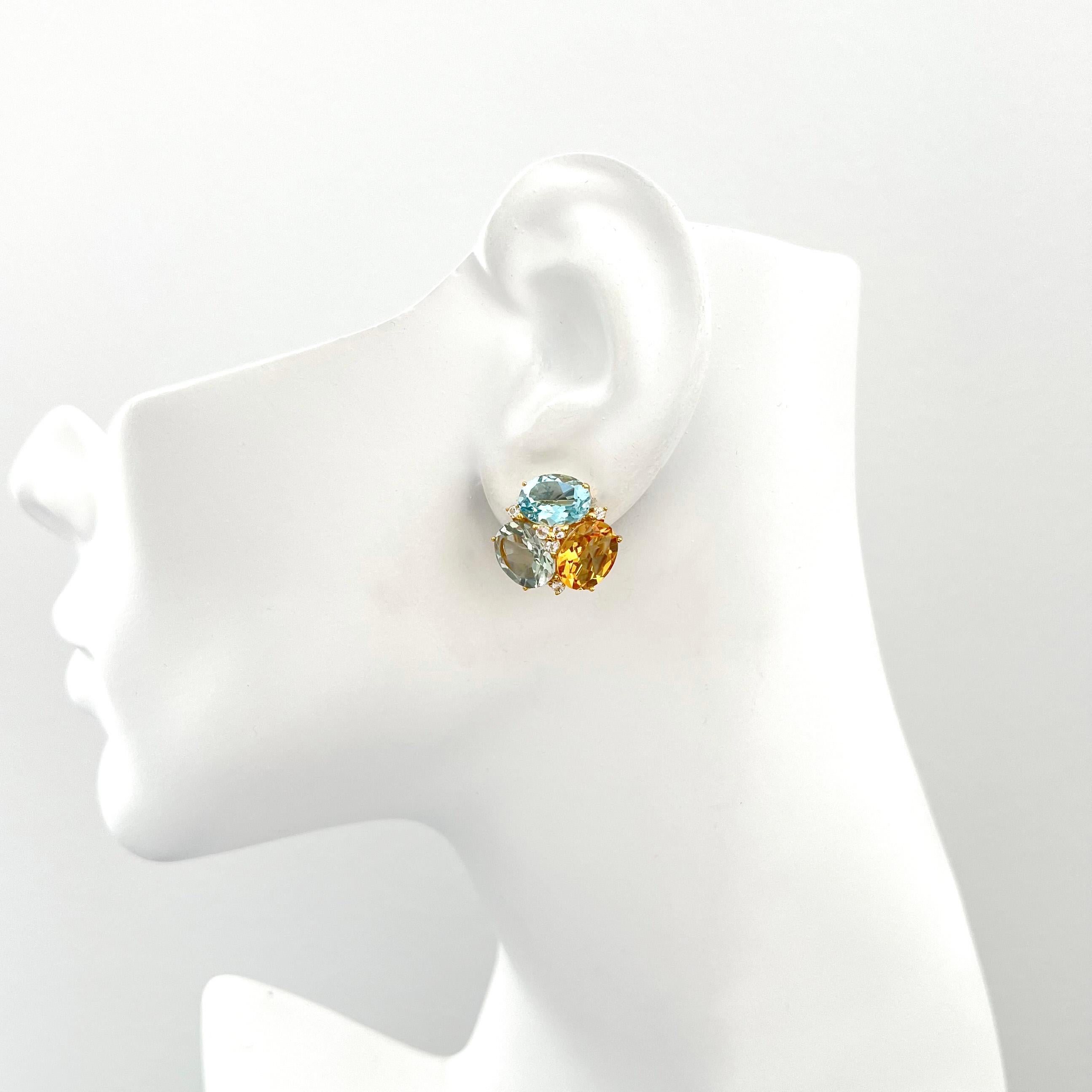 Stunning Triple Oval Blue Topaz, Citrine, Prasiolite Vermeil Earrings In New Condition For Sale In Los Angeles, CA