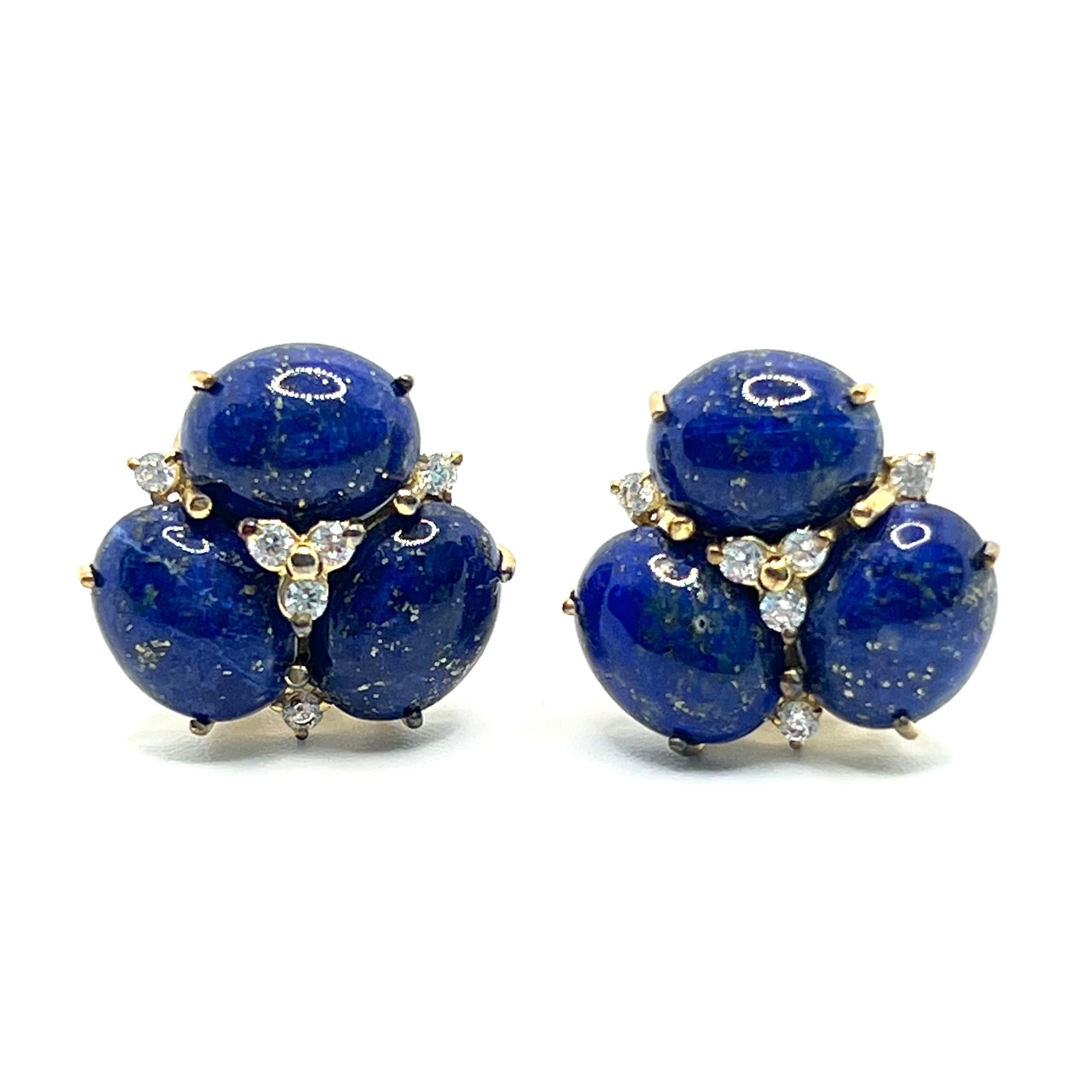 These stunning pair of earrings feature sets of oval cabochon-cut Lapis Lazuli adorned with round simulated diamond, handset in 18k yellow gold vermeil over sterling silver. The oval lapis lazuli stones have rich royal blue hue and produce beautiful