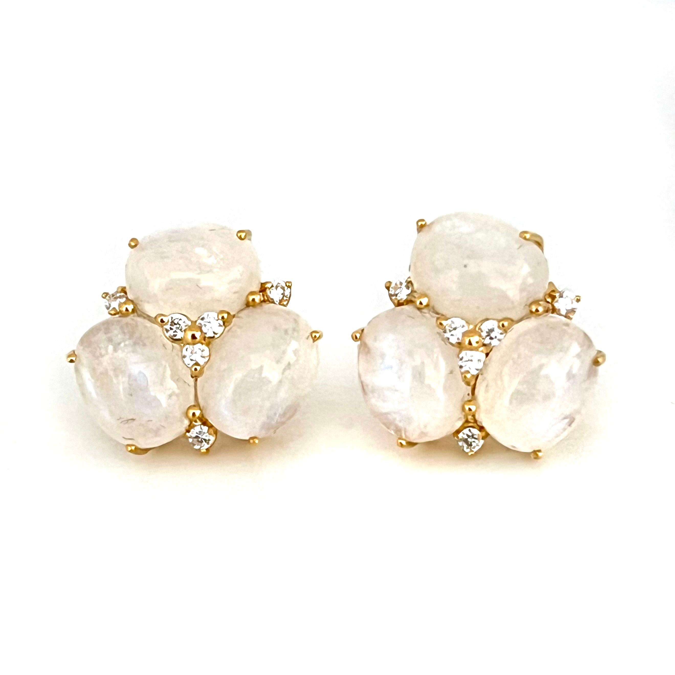These stunning pair of earrings features a set of oval cabochon-cut rainbow moonstone adorned with round simulated diamonds, handset in 18k yellow gold vermeil over sterling silver. The rainbow moonstones offer beautiful shiny iridescent pictures