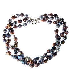 Stunning Triple Strand of Multi Color Baroque Pearls Necklace
