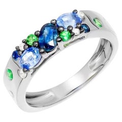 Stunning Tsavorite Diamond Blue Sapphire White 14k Gold Ring for Her