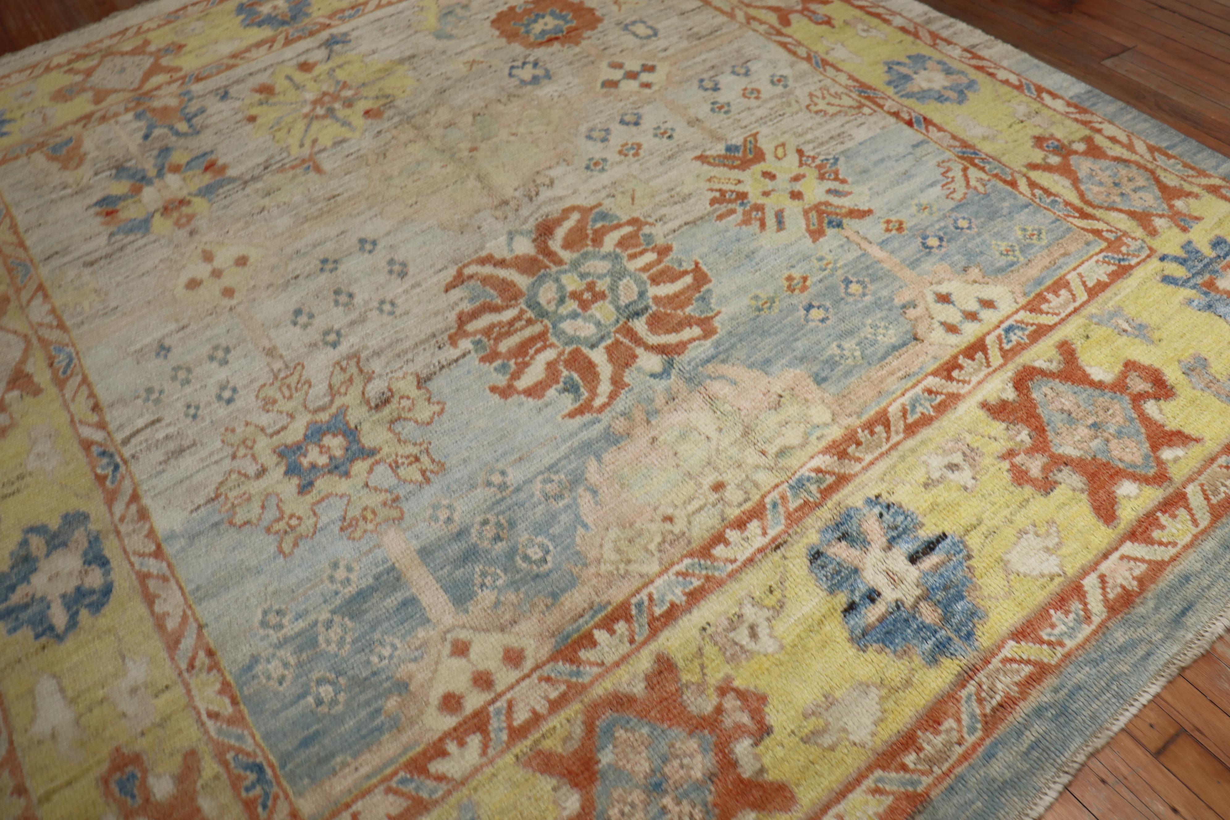 Sultanabad Stunning Turkish Blue Yellow Oushak Rug For Sale