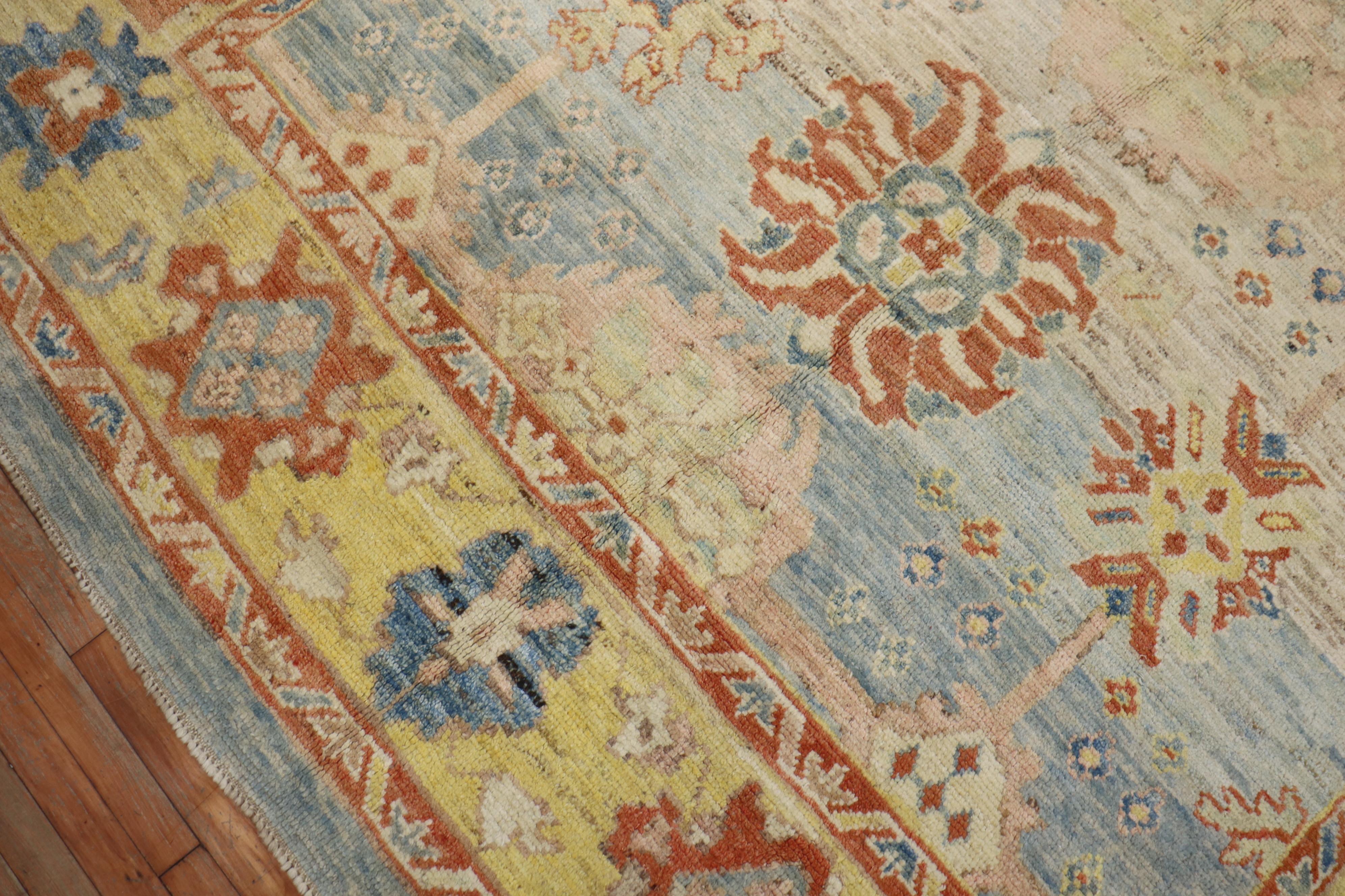 Hand-Woven Stunning Turkish Blue Yellow Oushak Rug For Sale