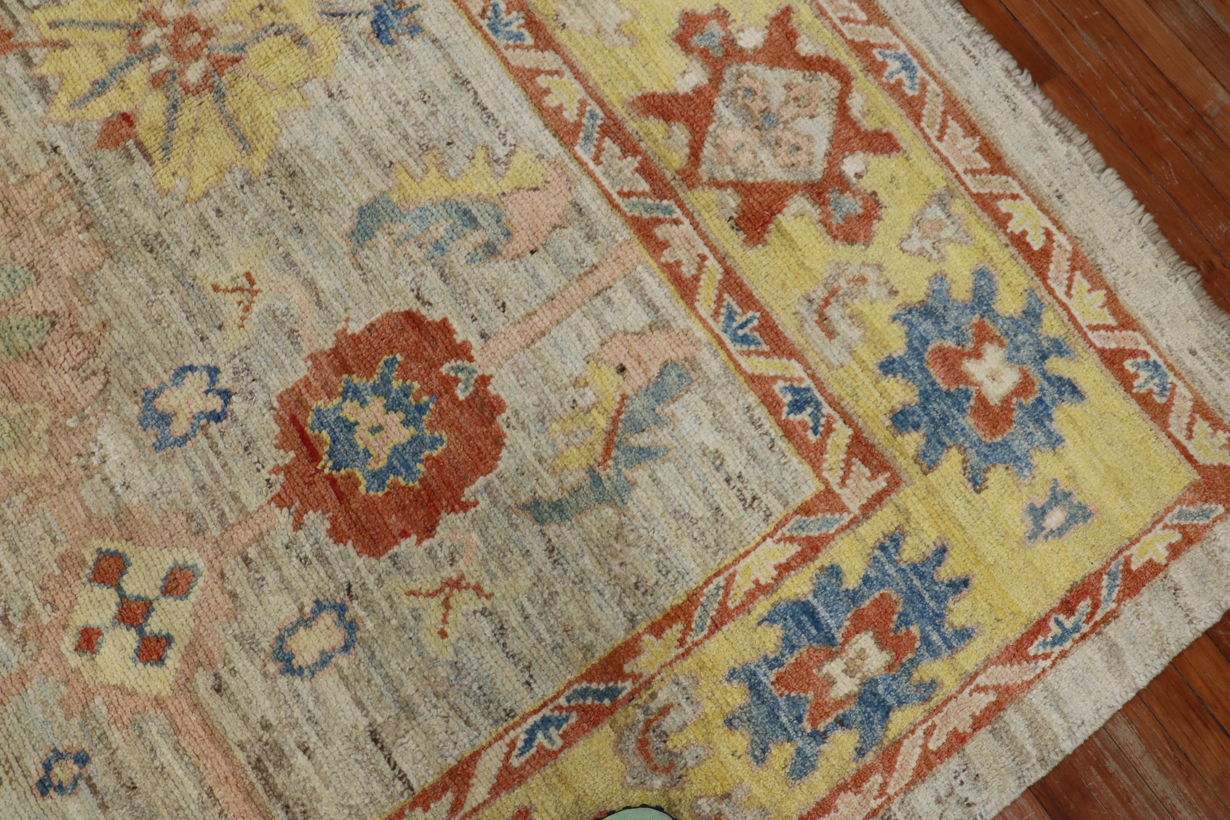 Wool Zabihi Collection Stunning Turkish Blue Yellow Oushak Rug For Sale