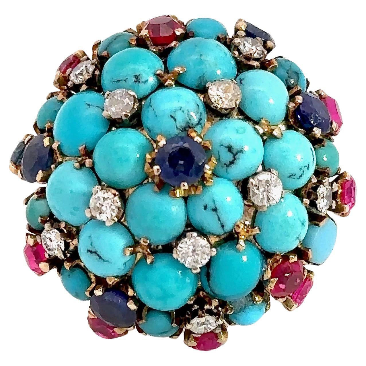 Stunning Turquoise, Diamond, Sapphire and Ruby Vintage Ring