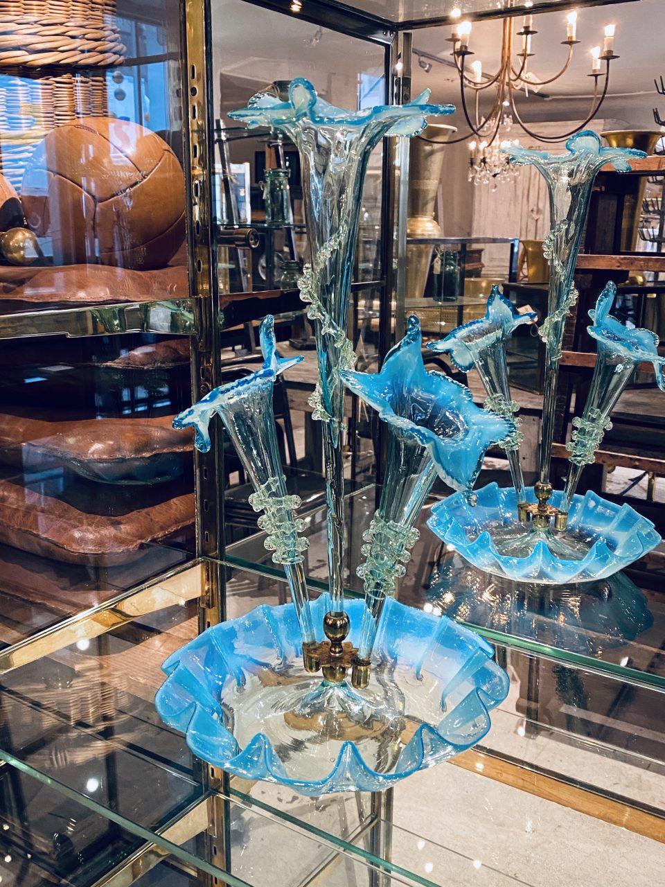 Seldom seen and spectacular vintage Italian Murano glass centrepiece set with bowl and 3 vases, circa 1950s. The glass is both mouth-blown and handmade and very artfully made using transparent and turquoise coloured opaque glass with frilled