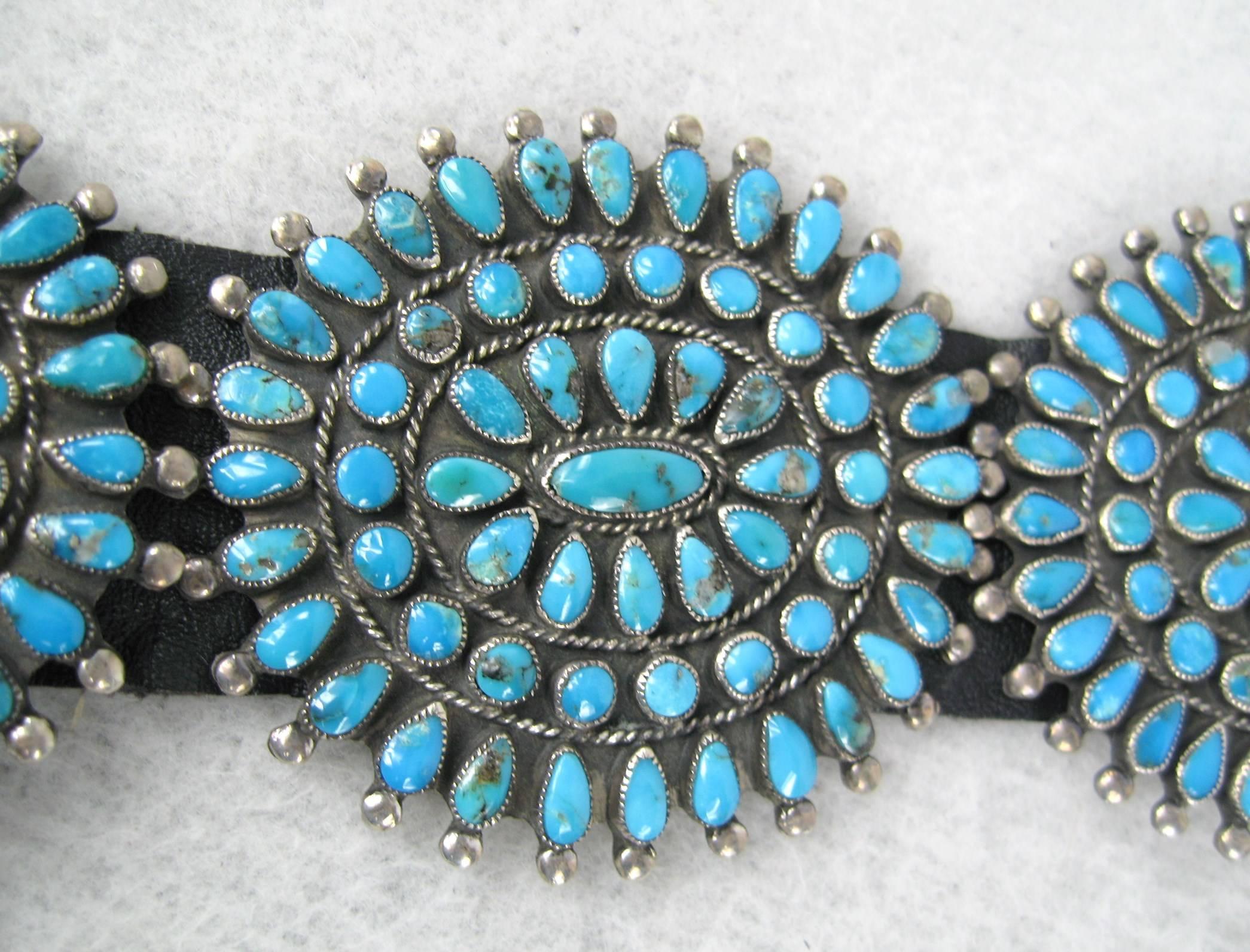 Black Sterling Silver turquoise Old Pawn petit point Concho belt VMB