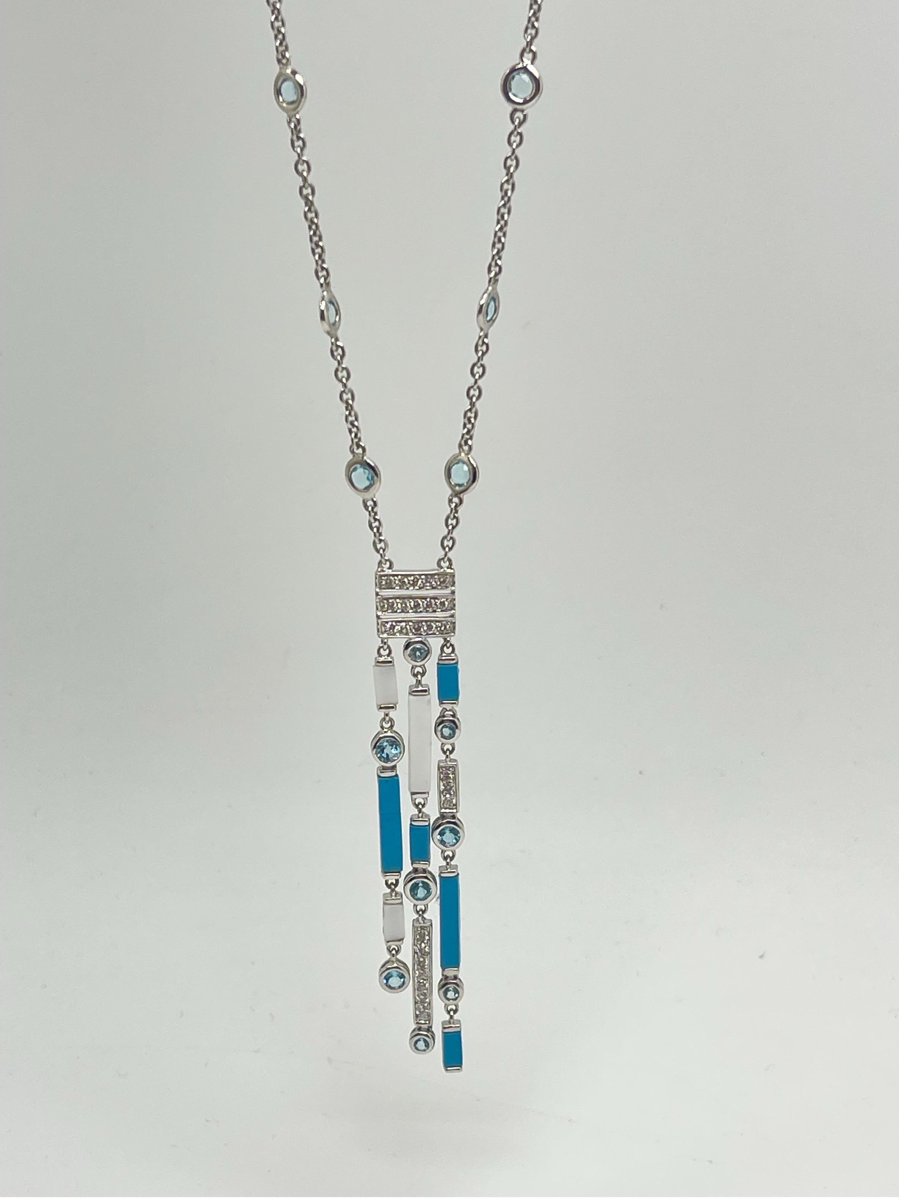 Modern Stunning Turquoise, White Agate & Diamond Necklace In 18k White Gold For Sale