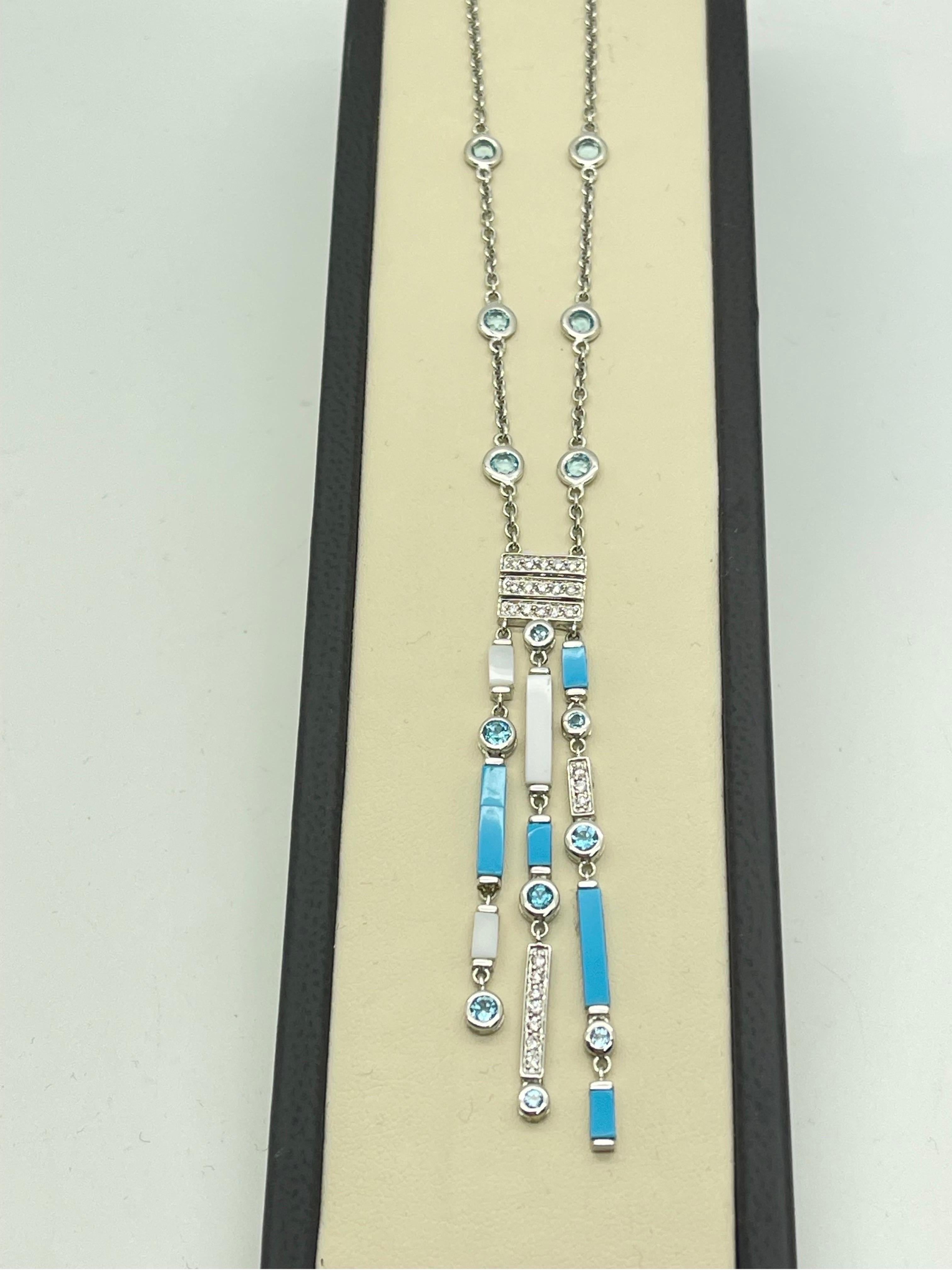 Women's Stunning Turquoise, White Agate & Diamond Necklace In 18k White Gold For Sale