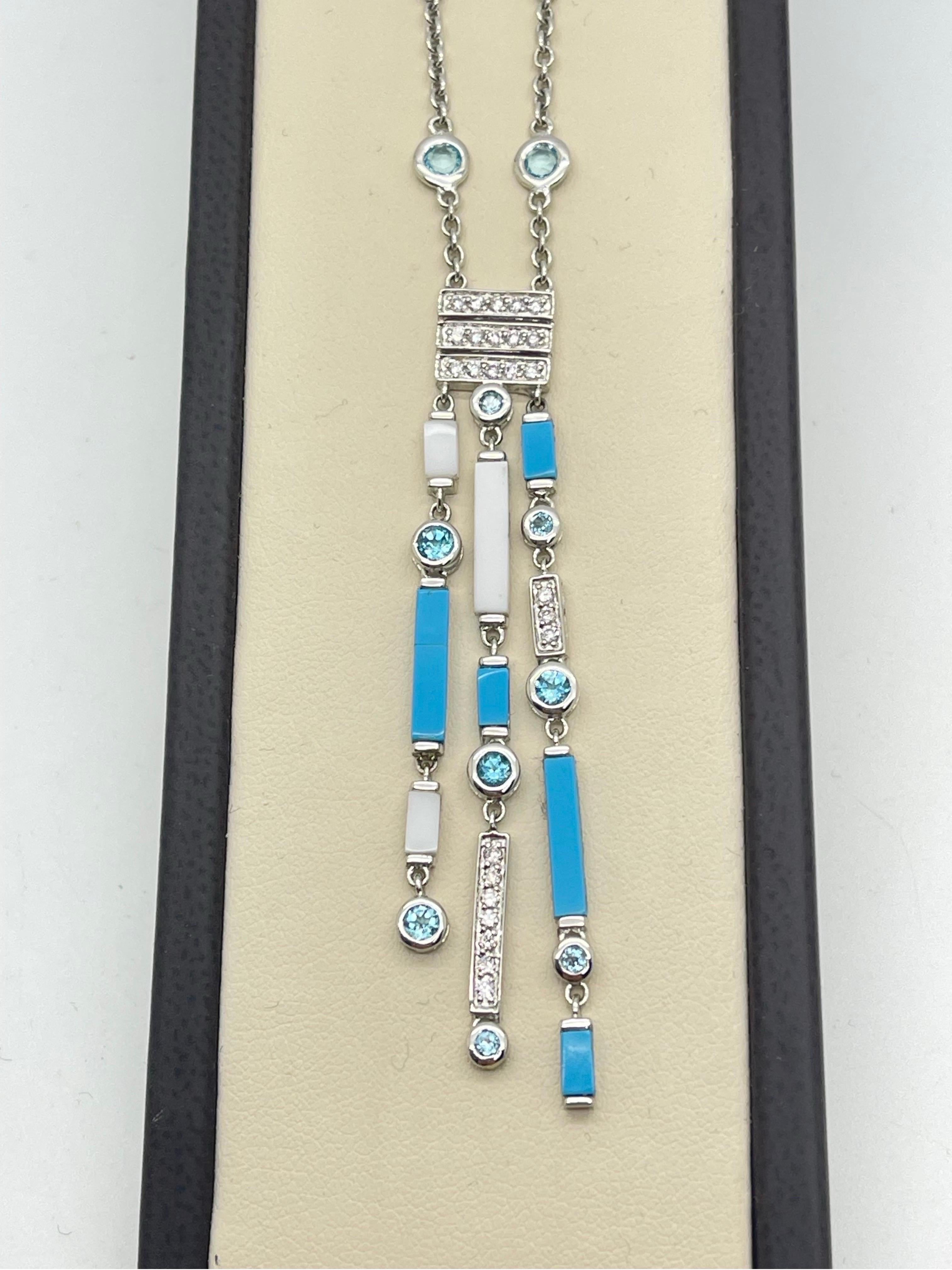 Stunning Turquoise, White Agate & Diamond Necklace In 18k White Gold For Sale 1