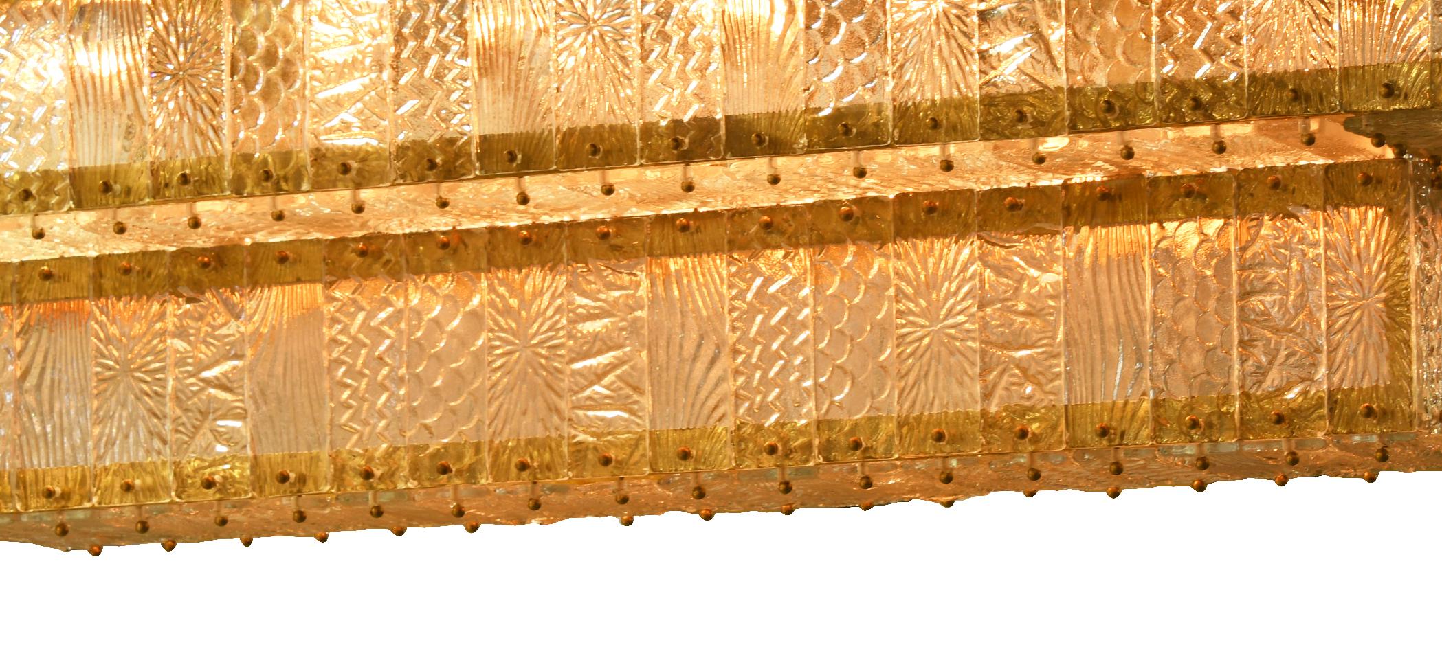 Italian Hand Cast Champagne Murano Glass Two-Tier Art Deco Vintage Brass Chandelier For Sale
