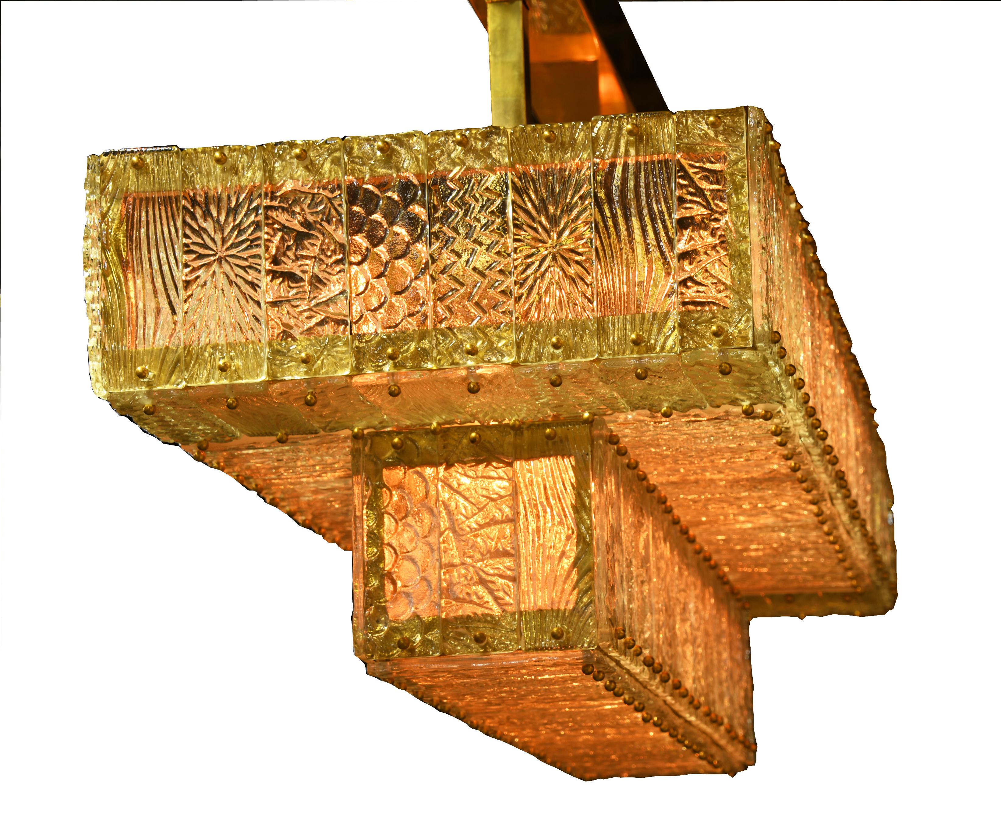 Polished Hand Cast Champagne Murano Glass Two-Tier Art Deco Vintage Brass Chandelier For Sale