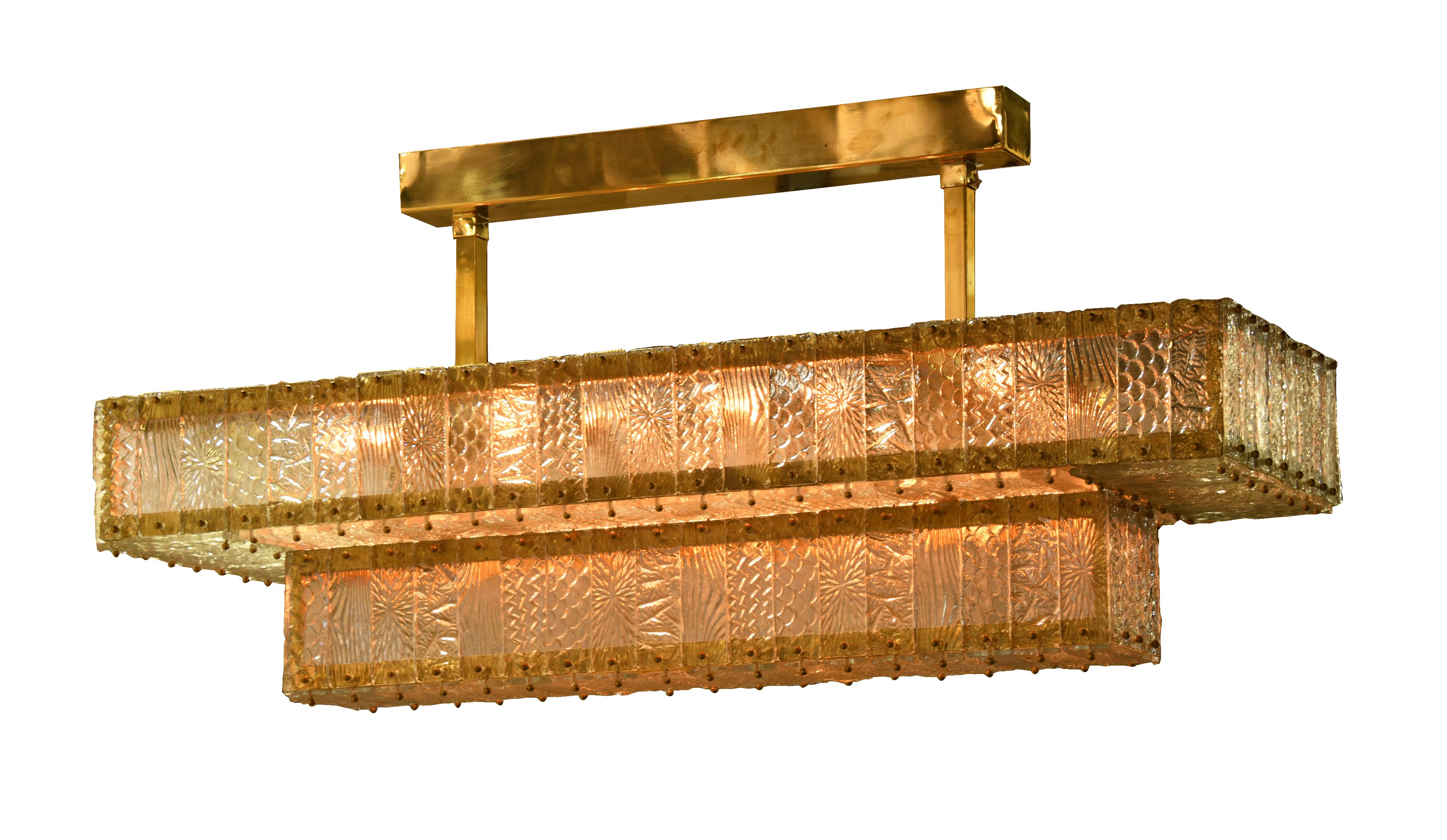 Hand Cast Champagne Murano Glass Two-Tier Art Deco Vintage Brass Chandelier In Excellent Condition For Sale In LA, CA