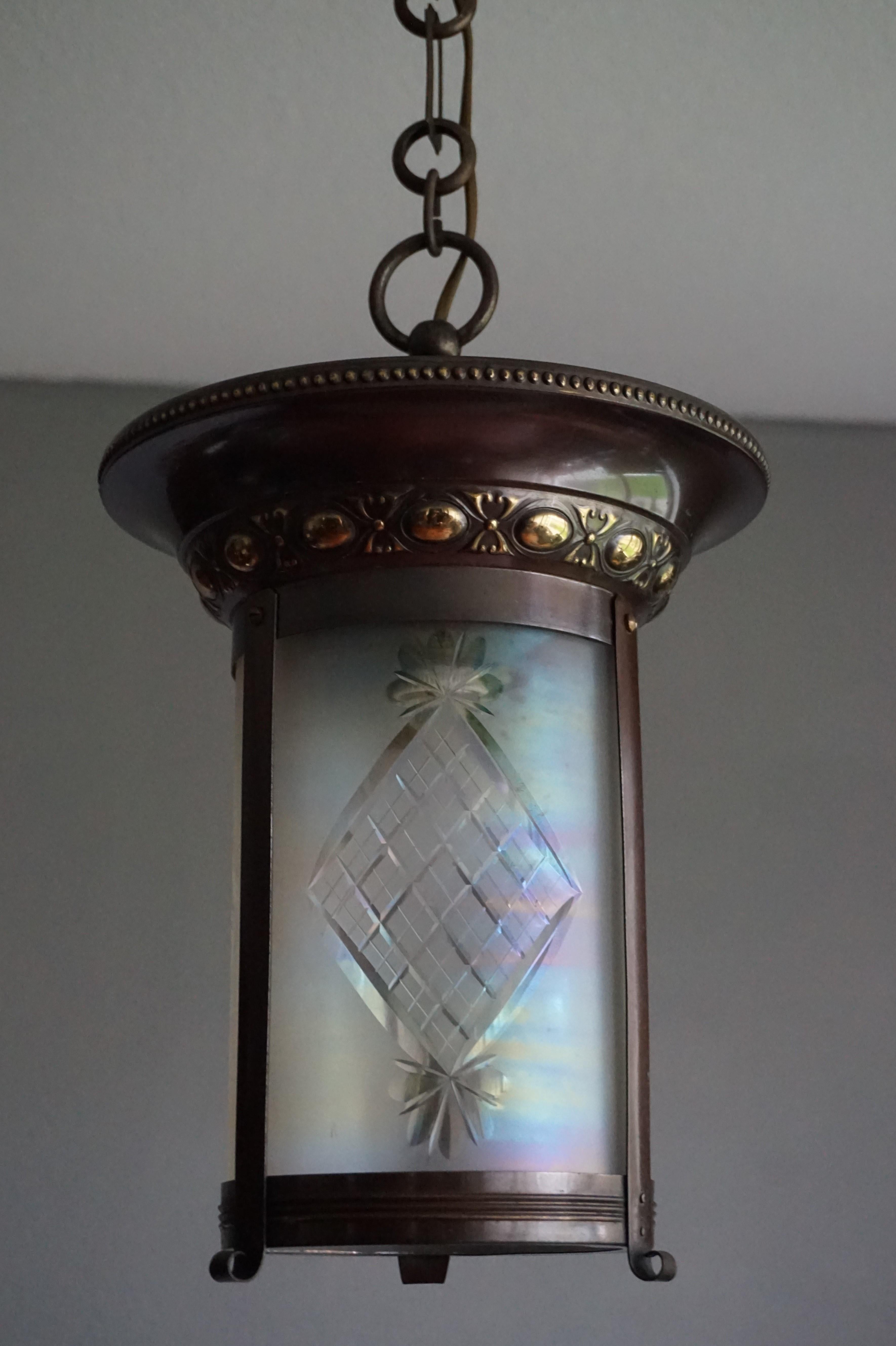 Stunning Two-Tone Brass with Hand Engraved Glass Arts & Crafts Pendant Light For Sale 4