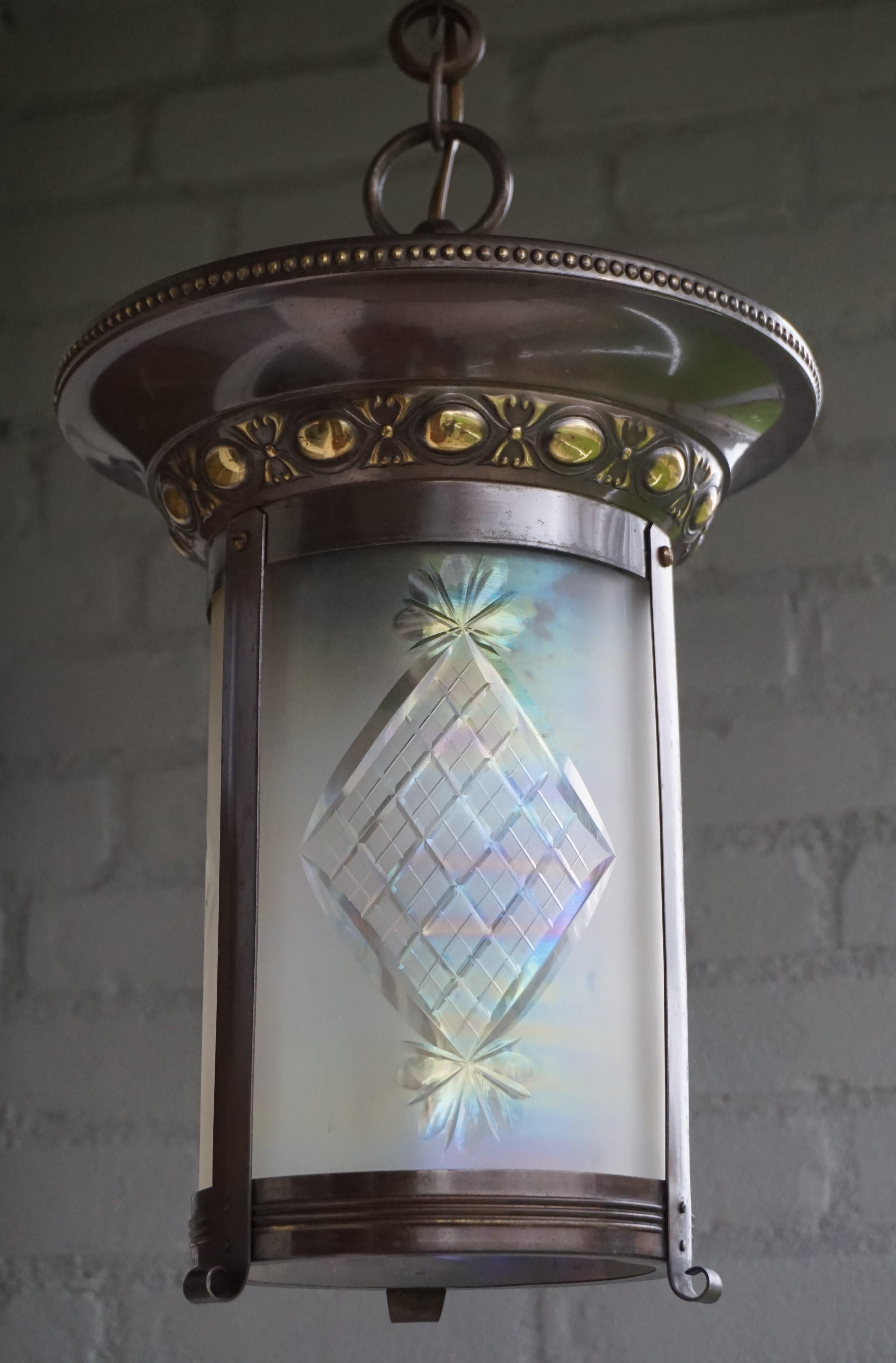 Stunning Two-Tone Brass with Hand Engraved Glass Arts & Crafts Pendant Light For Sale 7