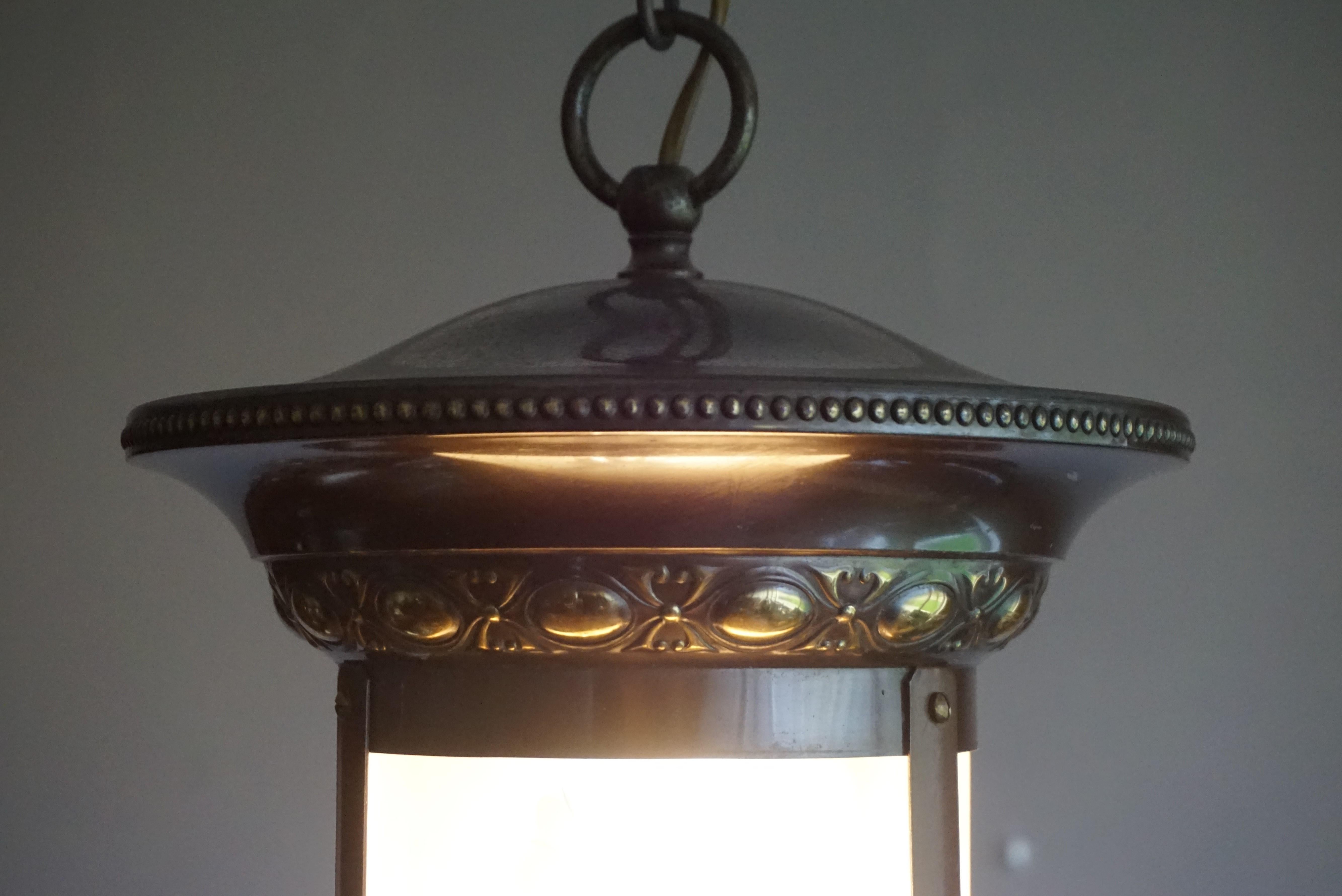 Stunning Two-Tone Brass with Hand Engraved Glass Arts & Crafts Pendant Light For Sale 8
