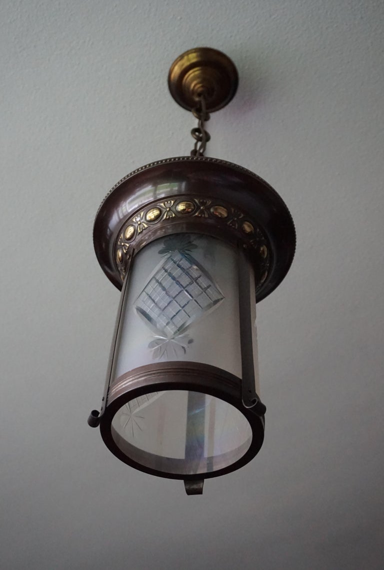 Stunning TwoTone Brass with Hand Engraved Glass Arts and Crafts Pendant Light For Sale at 1stDibs