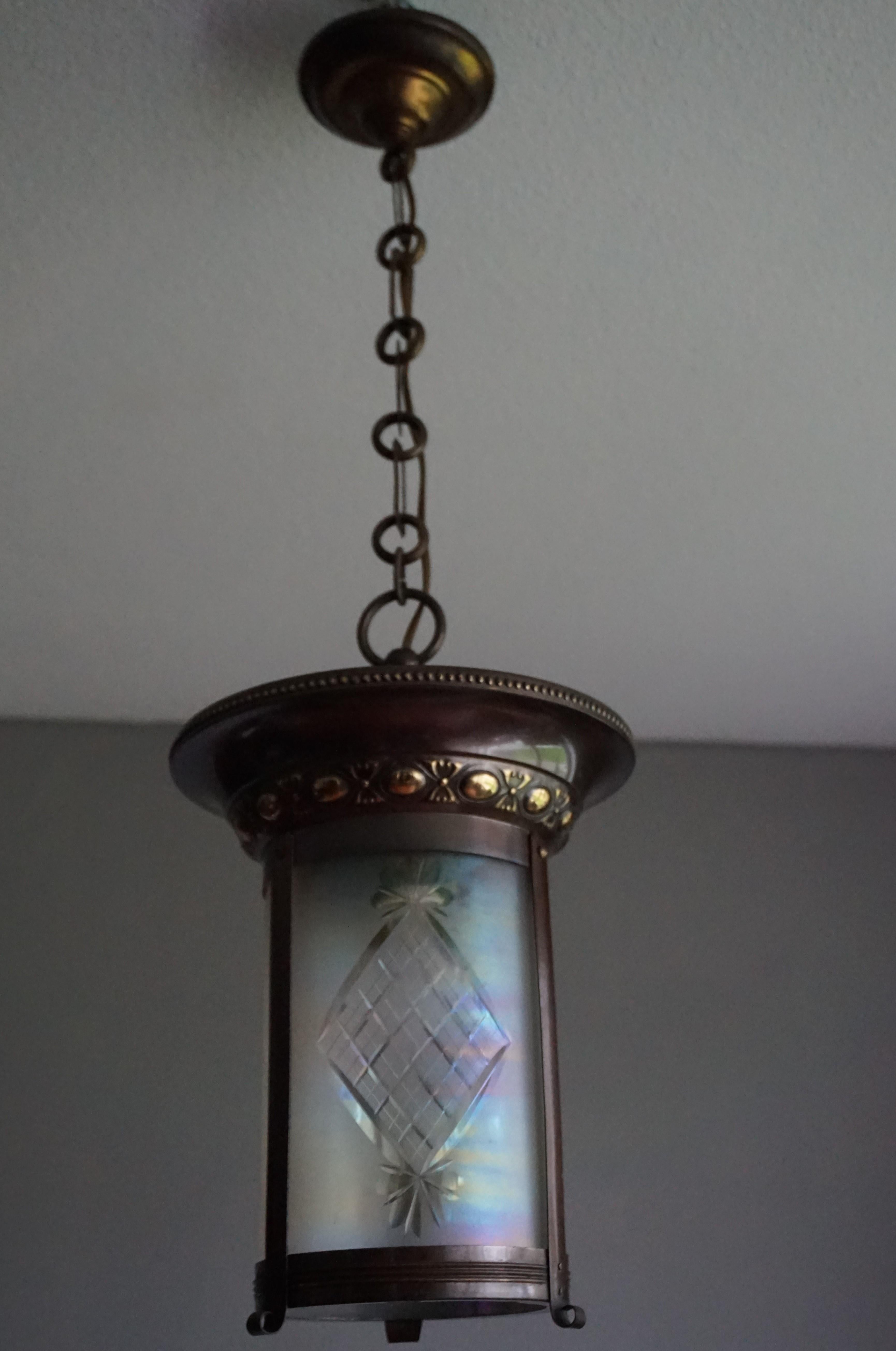 Stunning Two-Tone Brass with Hand Engraved Glass Arts & Crafts Pendant Light For Sale 11