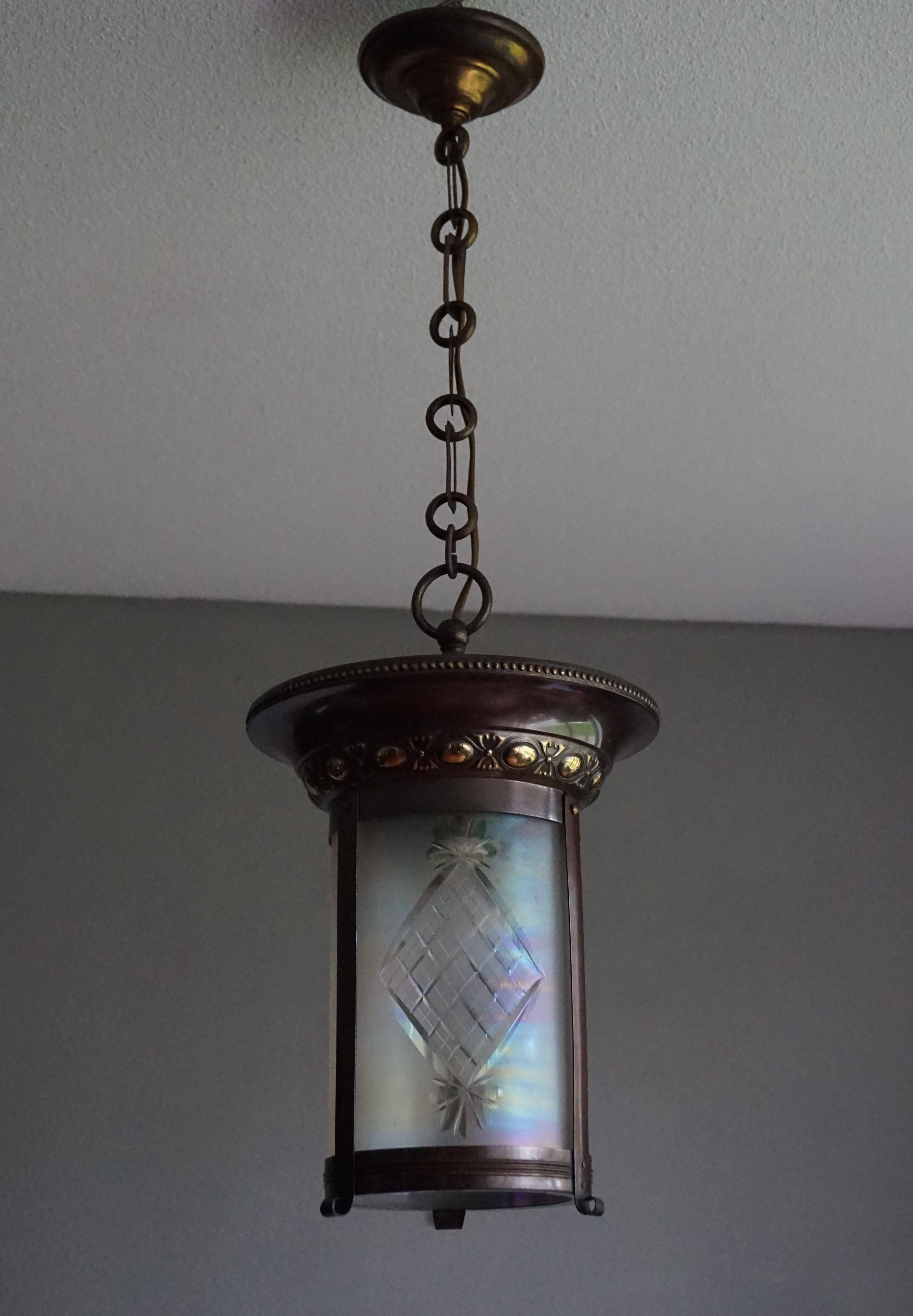 European Stunning Two-Tone Brass with Hand Engraved Glass Arts & Crafts Pendant Light For Sale