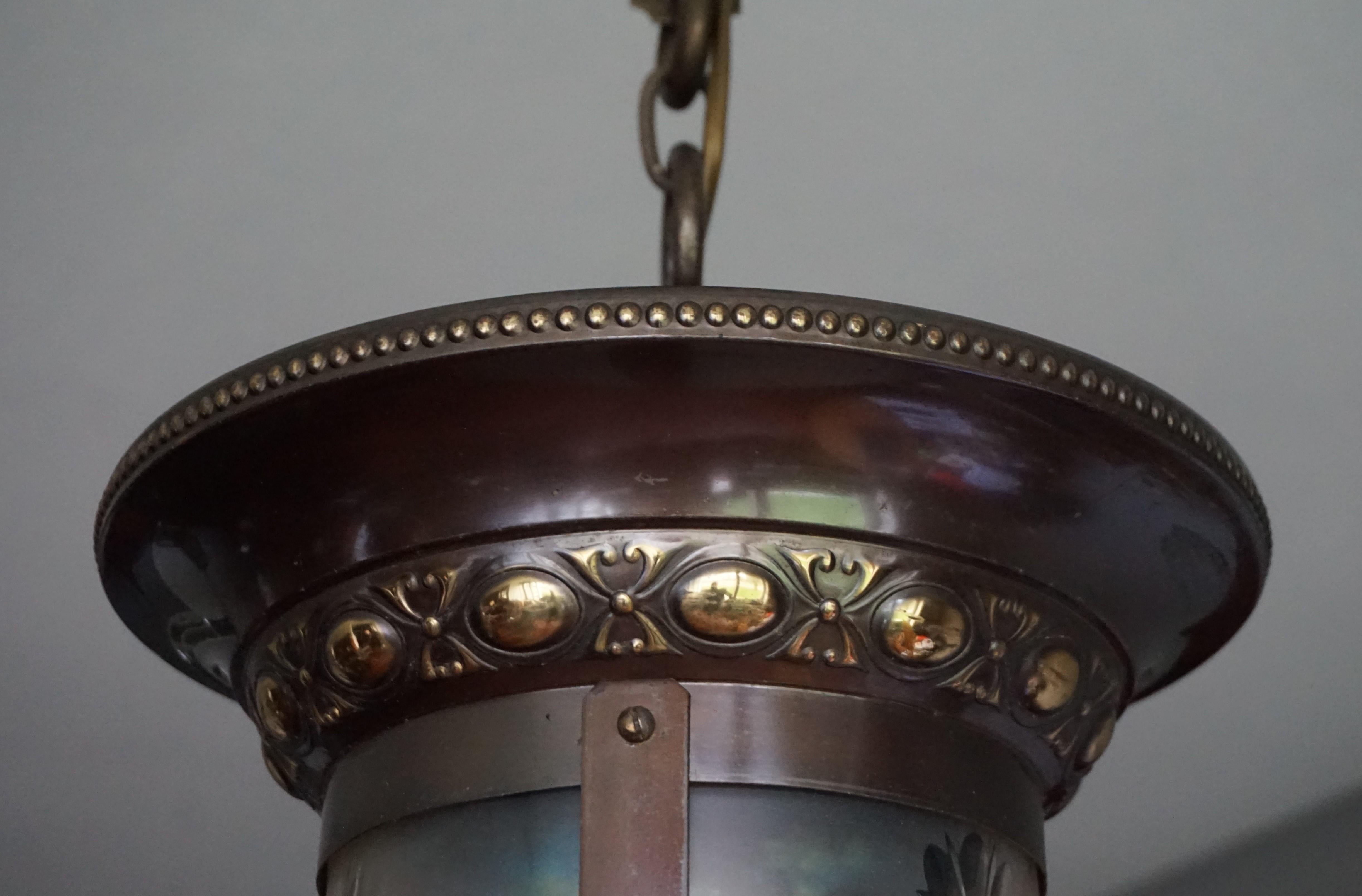 Hand-Crafted Stunning Two-Tone Brass with Hand Engraved Glass Arts & Crafts Pendant Light For Sale