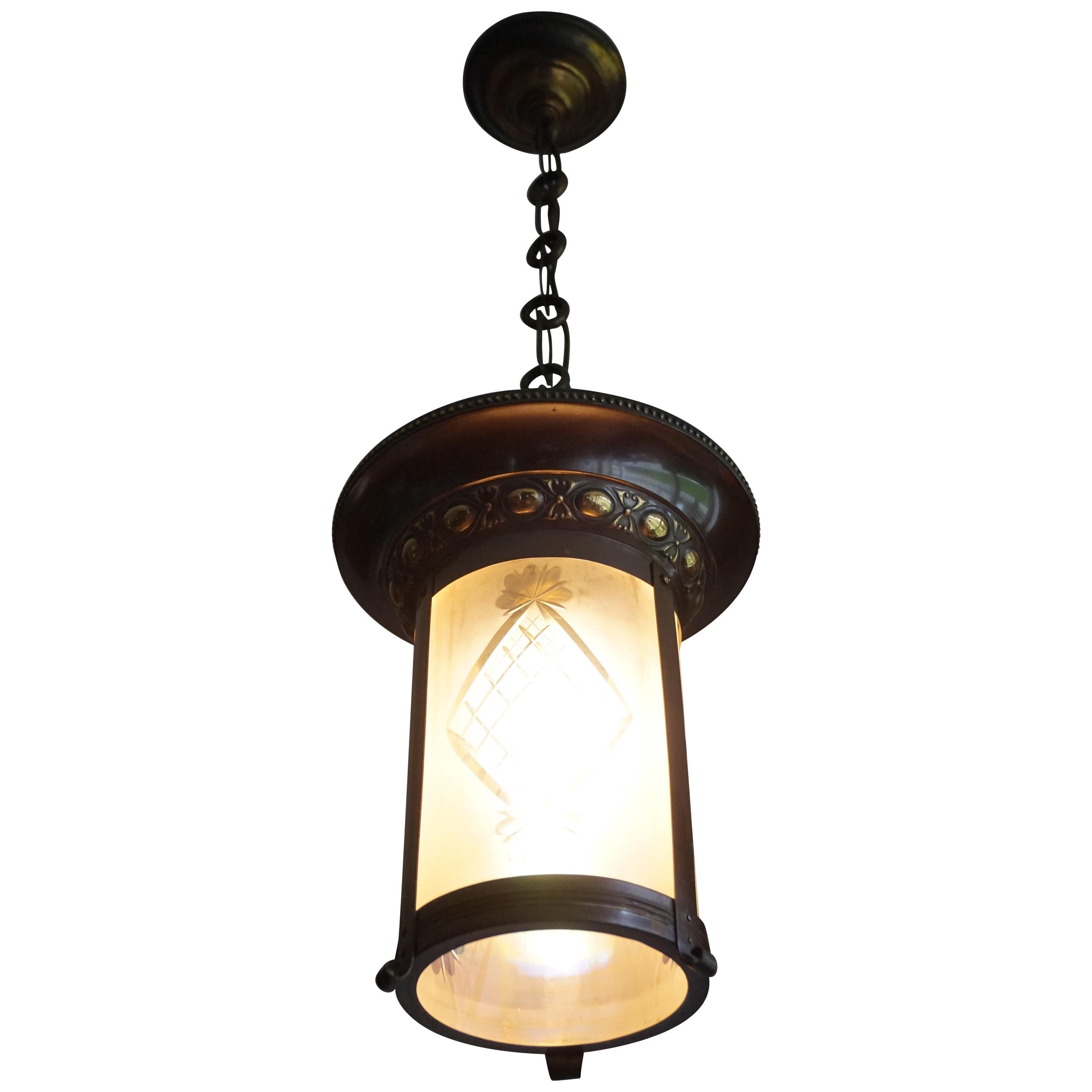Stunning Two-Tone Brass with Hand Engraved Glass Arts & Crafts Pendant Light For Sale