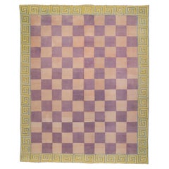 Superbe tapis Dhurrie en coton blanc/lilas  damier, unique et ancien, de style Art Dco.