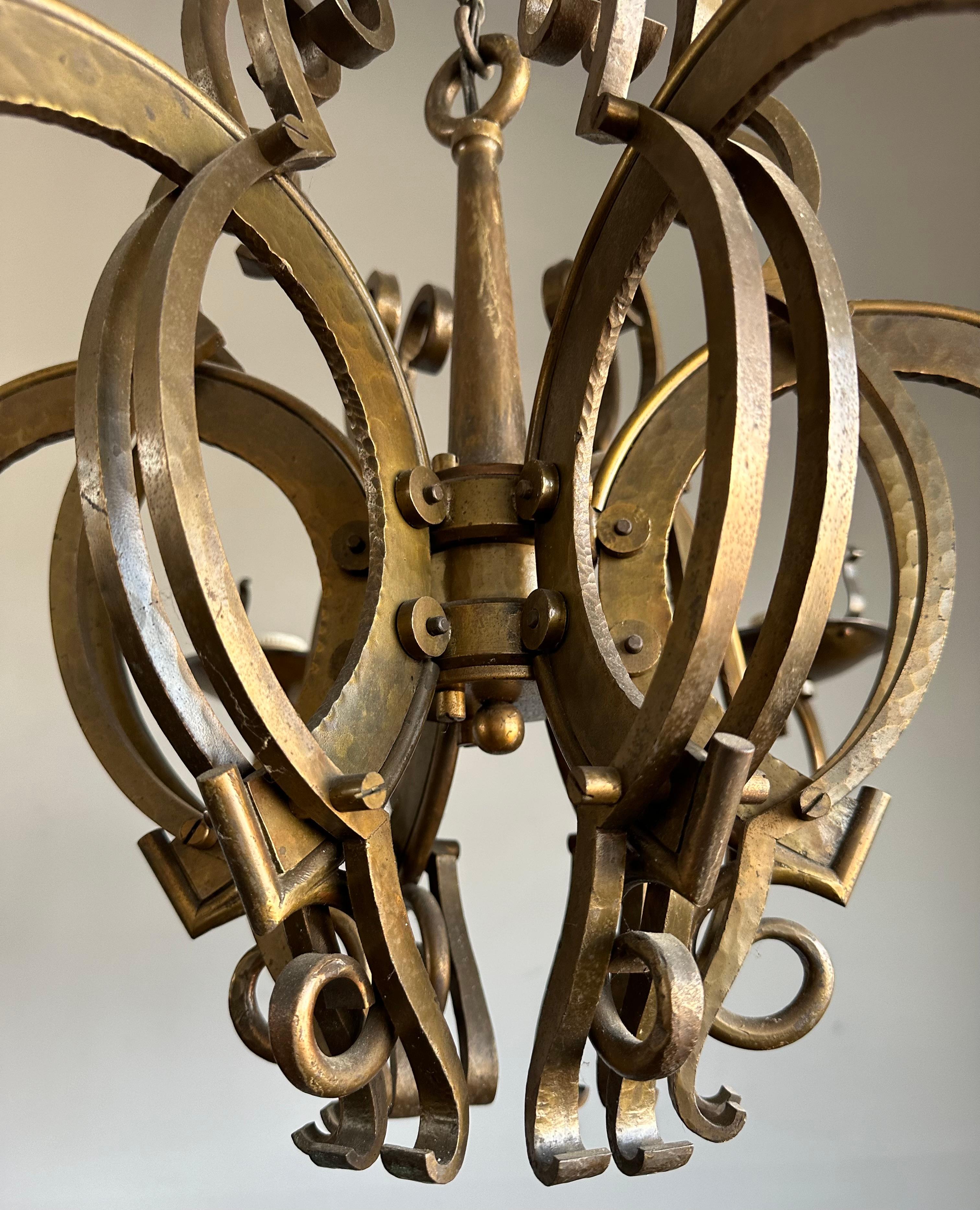 Stunning & Unique Hand Forged Brass, Bronze Arts & Crafts Chandelier / Pendant For Sale 8