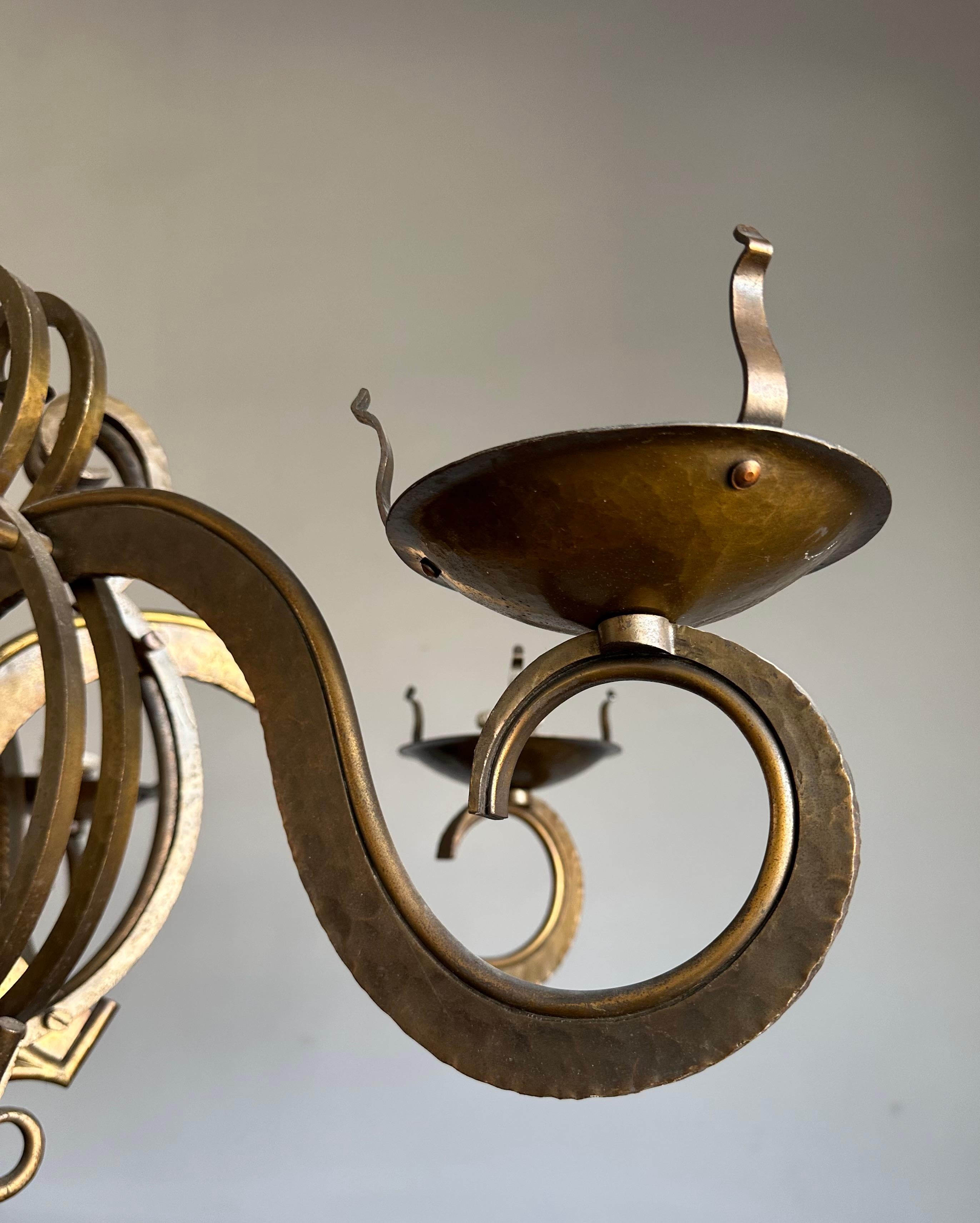 Stunning & Unique Hand Forged Brass / Bronze Arts & Crafts Chandelier / Pendant For Sale 10