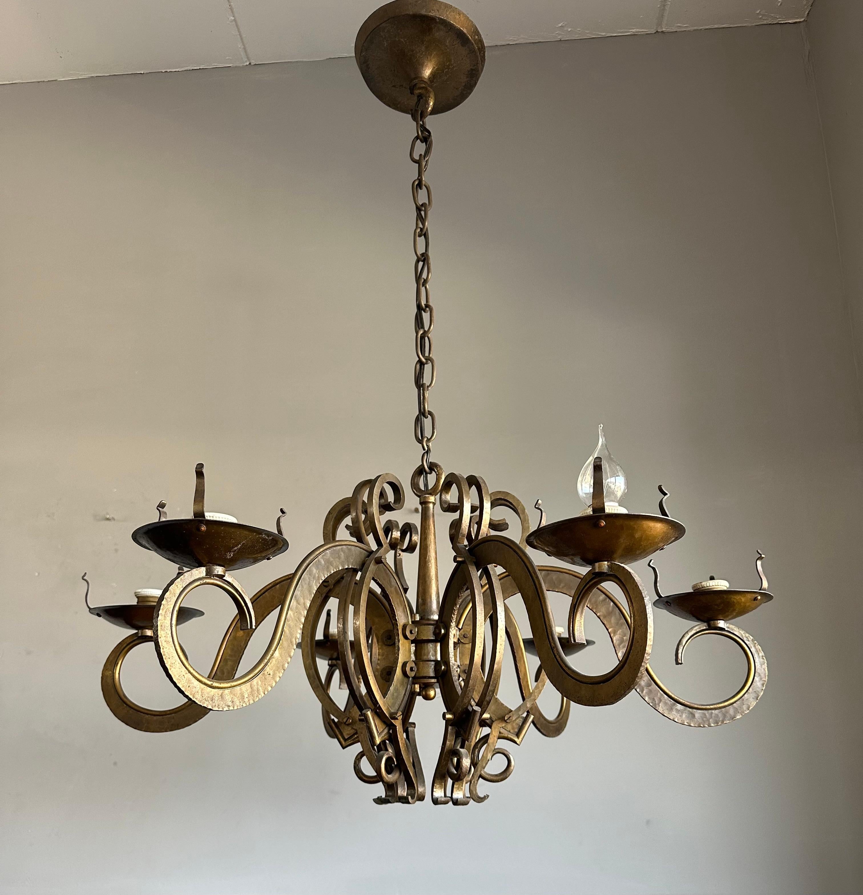 Arts and Crafts Stunning & Unique Hand Forged Brass / Bronze Arts & Crafts Chandelier / Pendant For Sale