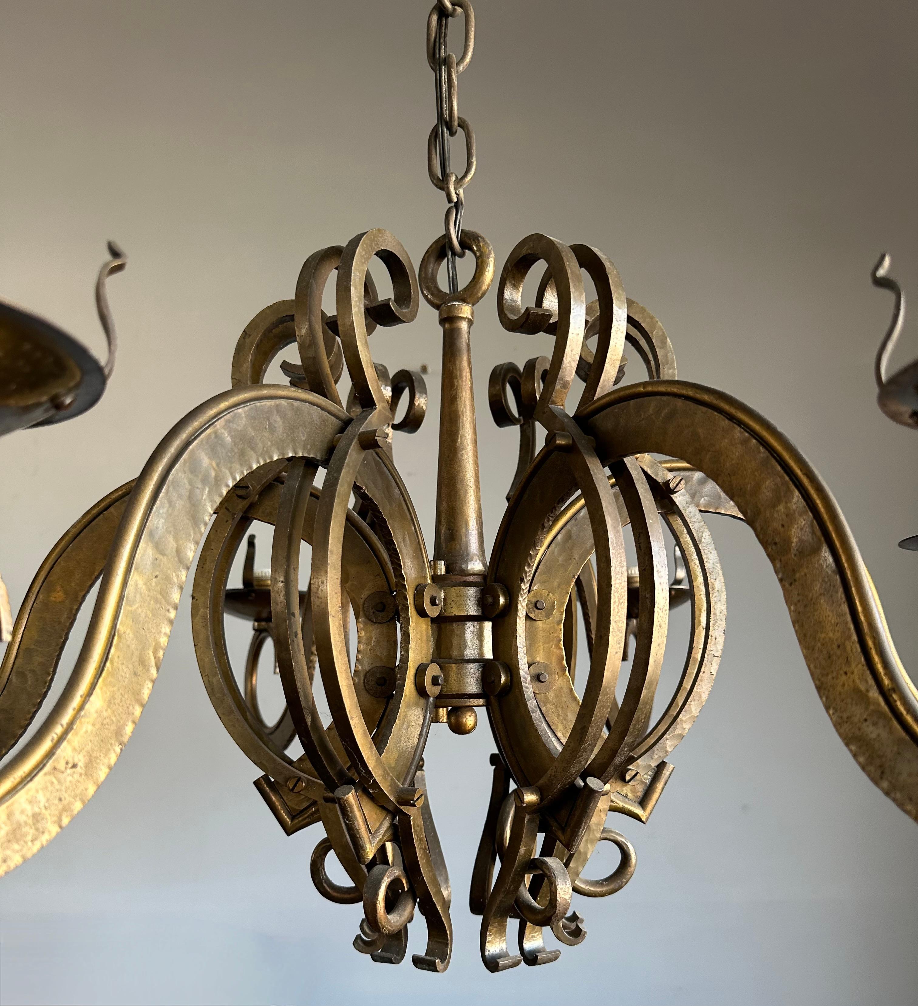 Dutch Unique & Best Ever Arts & Crafts Hand Forged Brass / Bronze Chandelier / Pendant For Sale