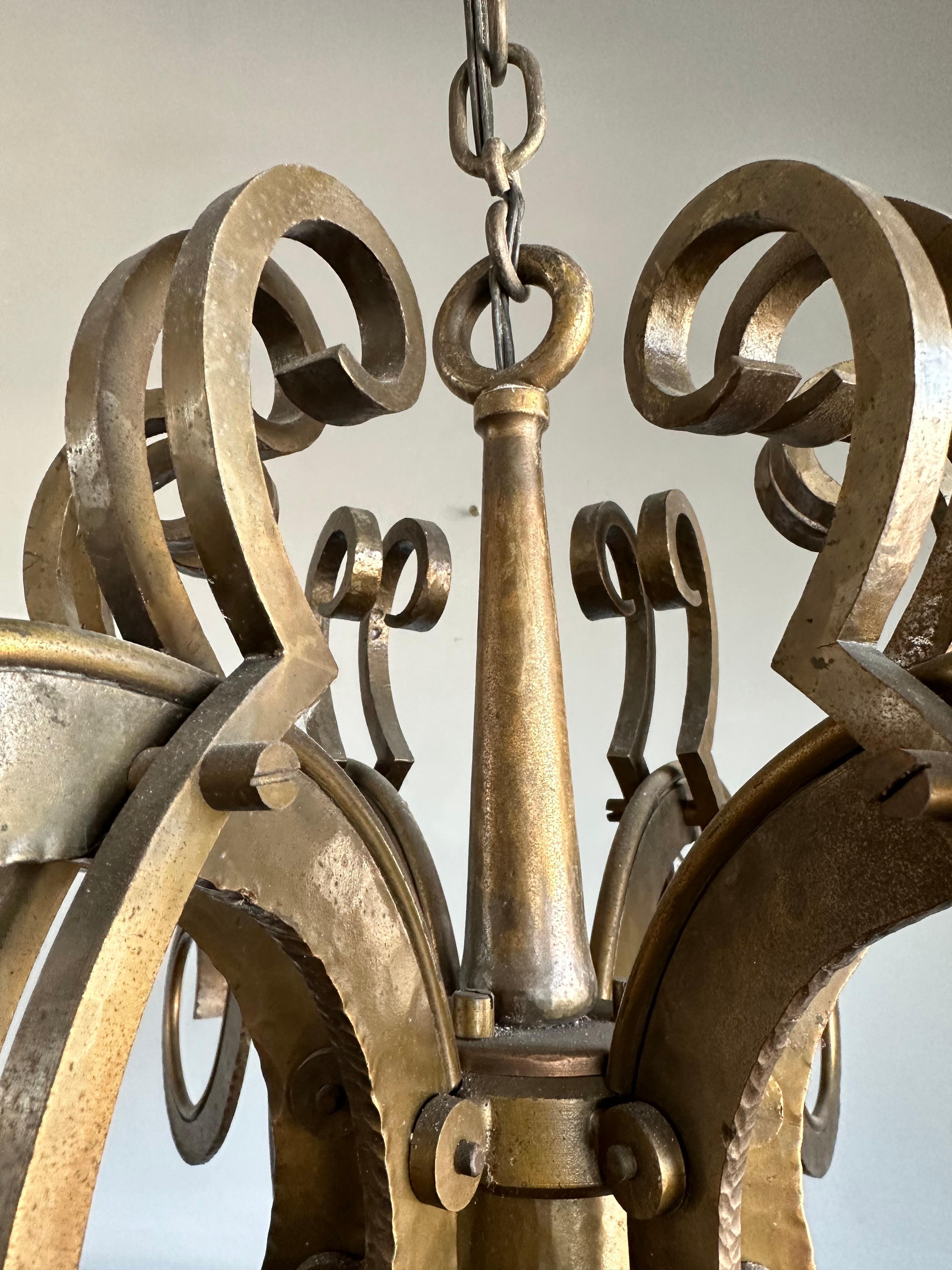 Stunning & Unique Hand Forged Brass, Bronze Arts & Crafts Chandelier / Pendant For Sale 1