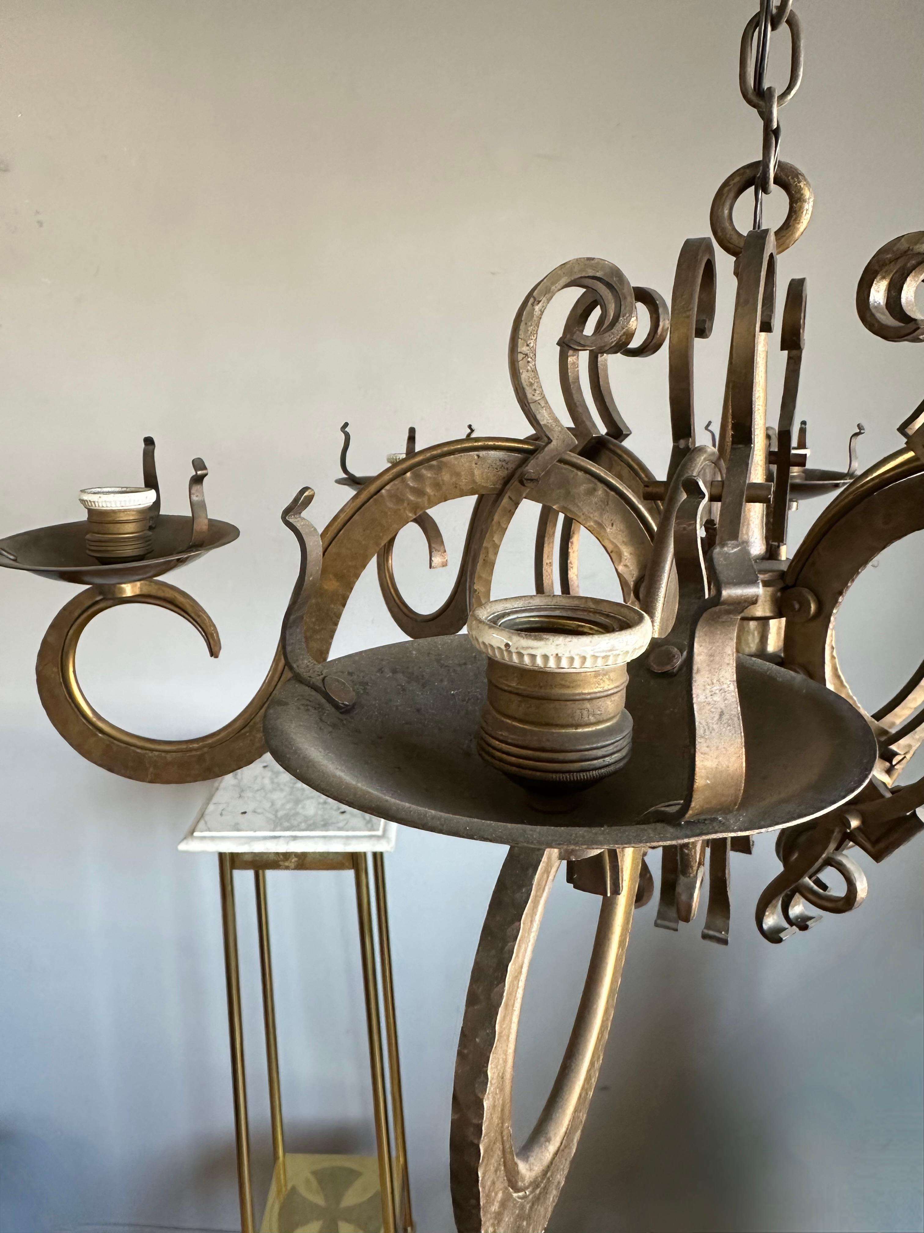 Stunning & Unique Hand Forged Brass, Bronze Arts & Crafts Chandelier / Pendant For Sale 2