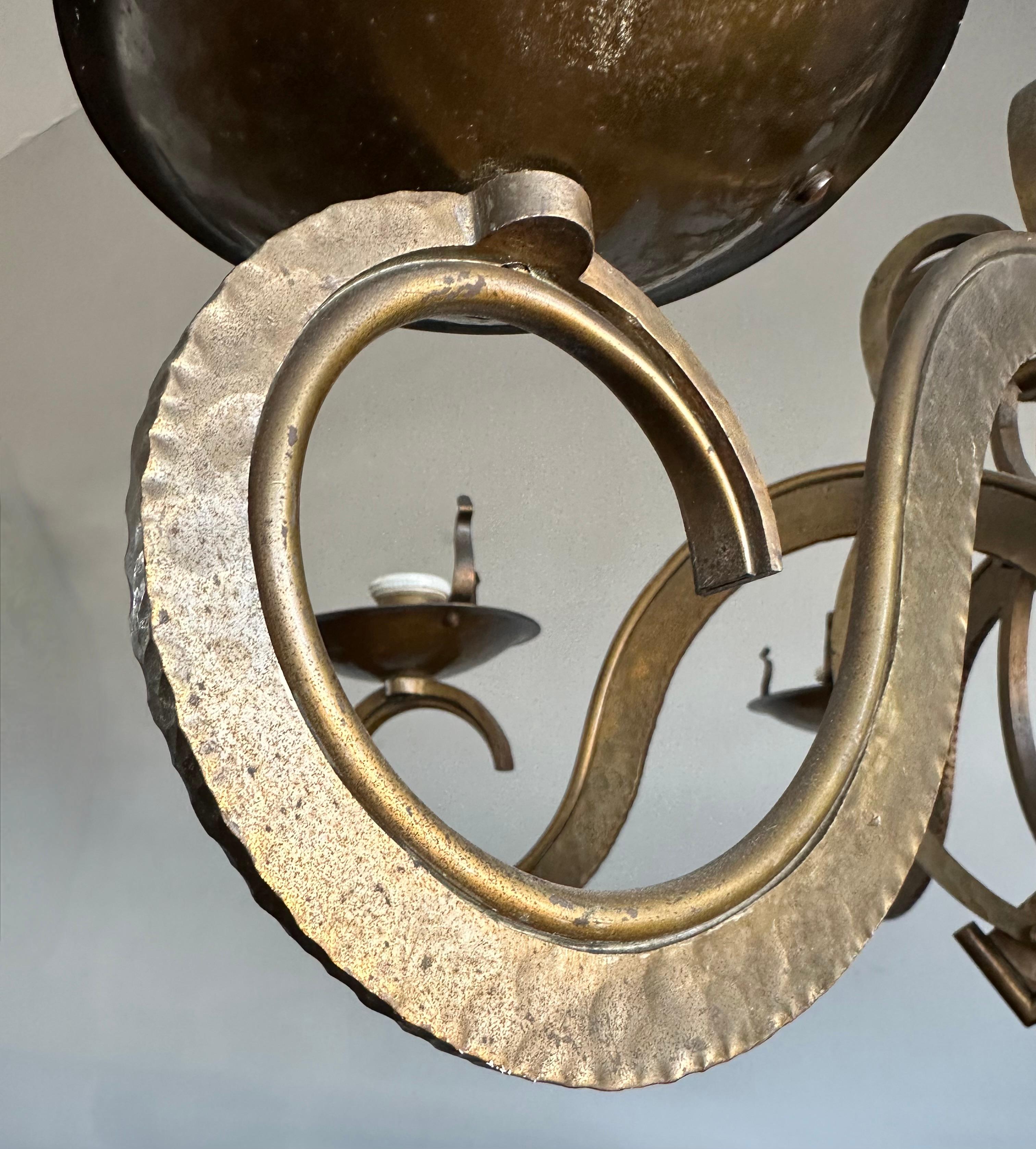 Stunning & Unique Hand Forged Brass, Bronze Arts & Crafts Chandelier / Pendant For Sale 3