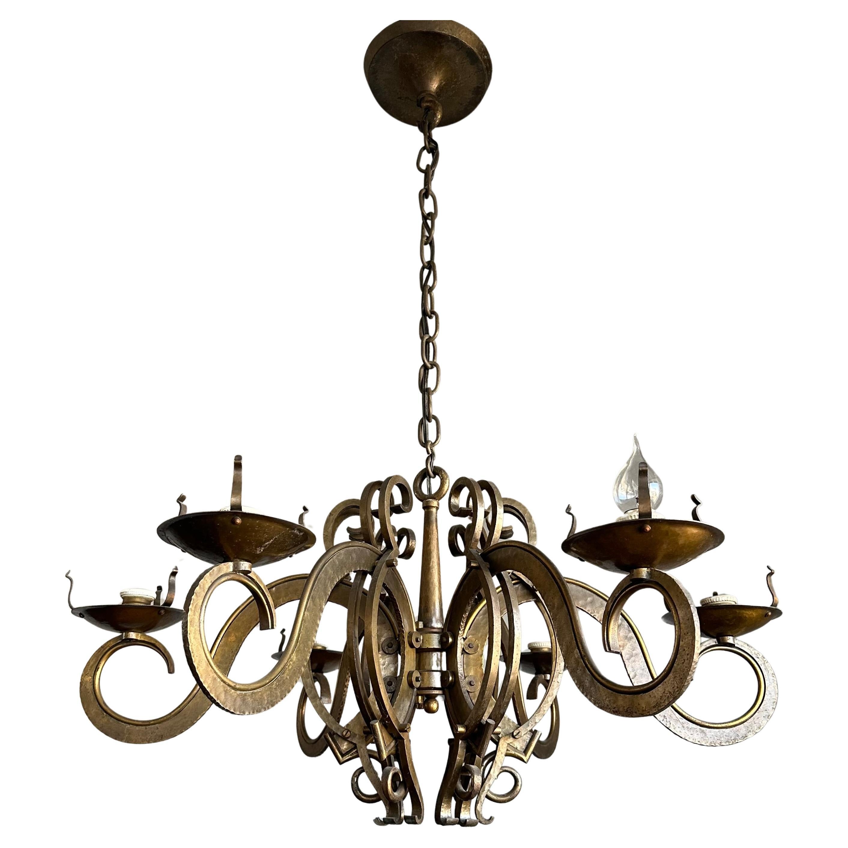 Stunning & Unique Hand Forged Brass / Bronze Arts & Crafts Chandelier / Pendant For Sale