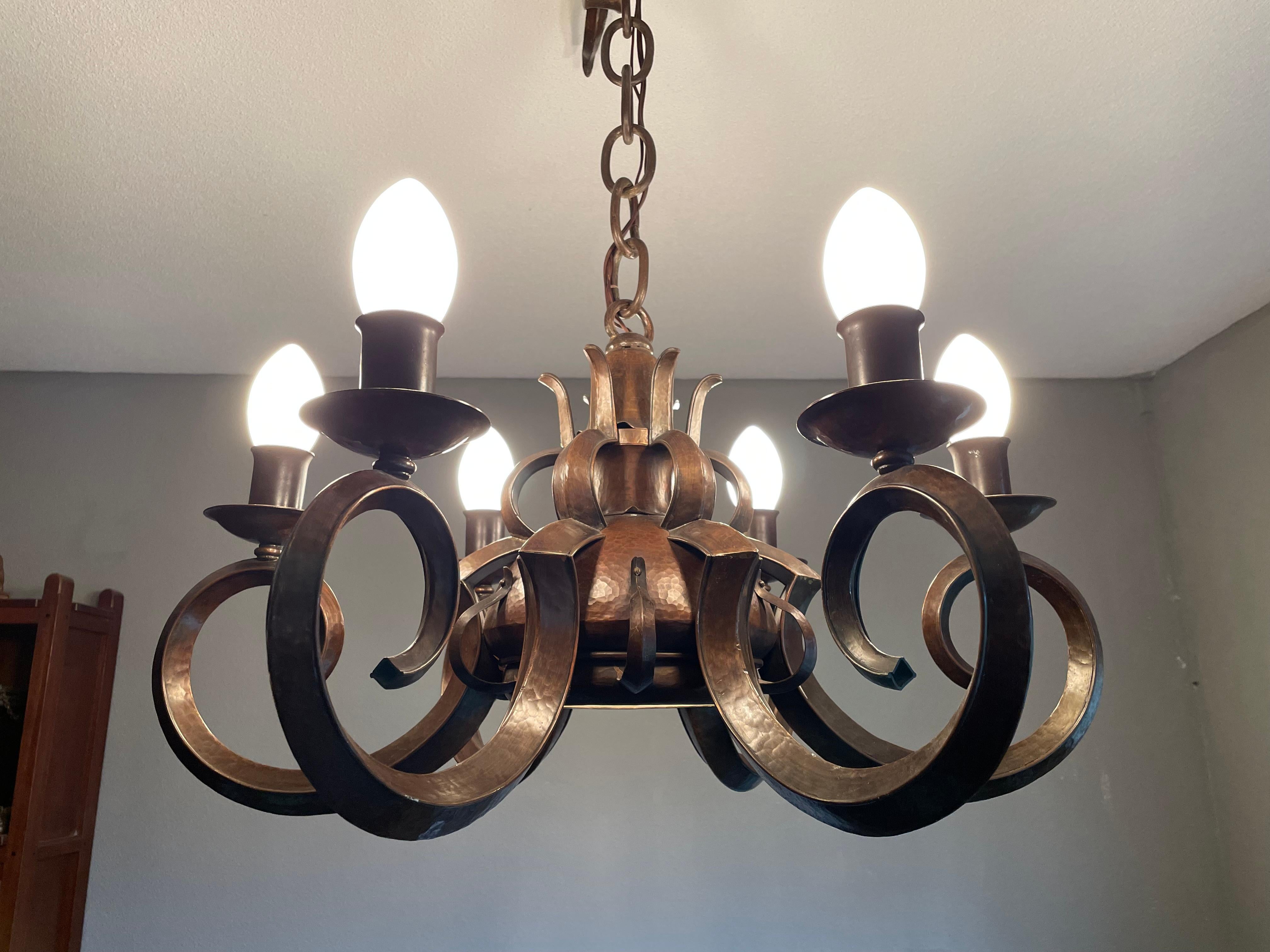Stunning & Unique Hand Forged Copper, Dutch Arts and Crafts Chandelier / Pendant In Excellent Condition In Lisse, NL