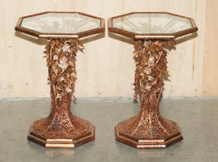 STUNNING & UNIQUE PAIR OF VINTAGE 1960's ITALIAN COPPER FLORAL SIDE END TABLES