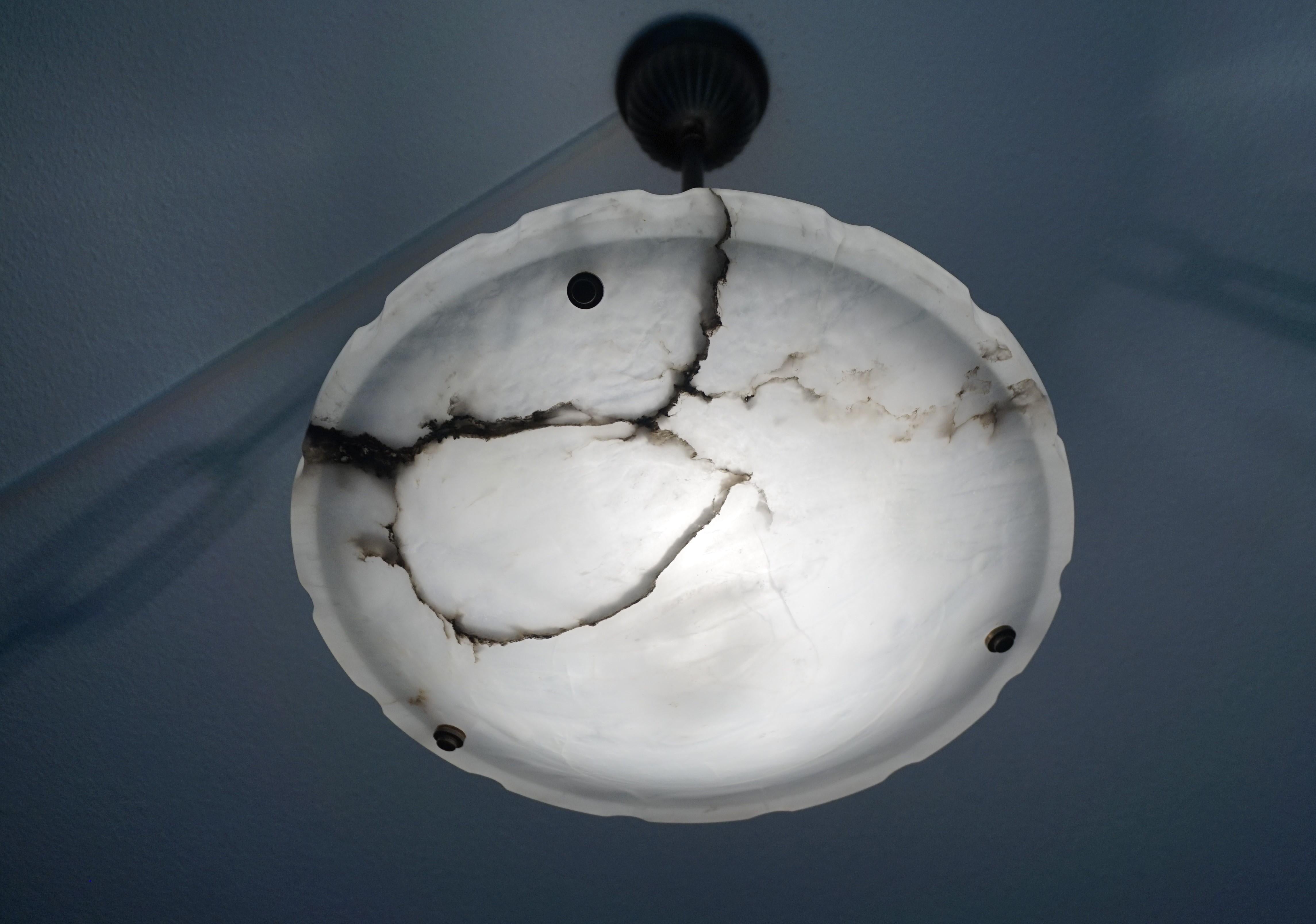 20th Century Stunning & Unique Shape White & Black Alabaster Art Deco Pendant / Light Fixture