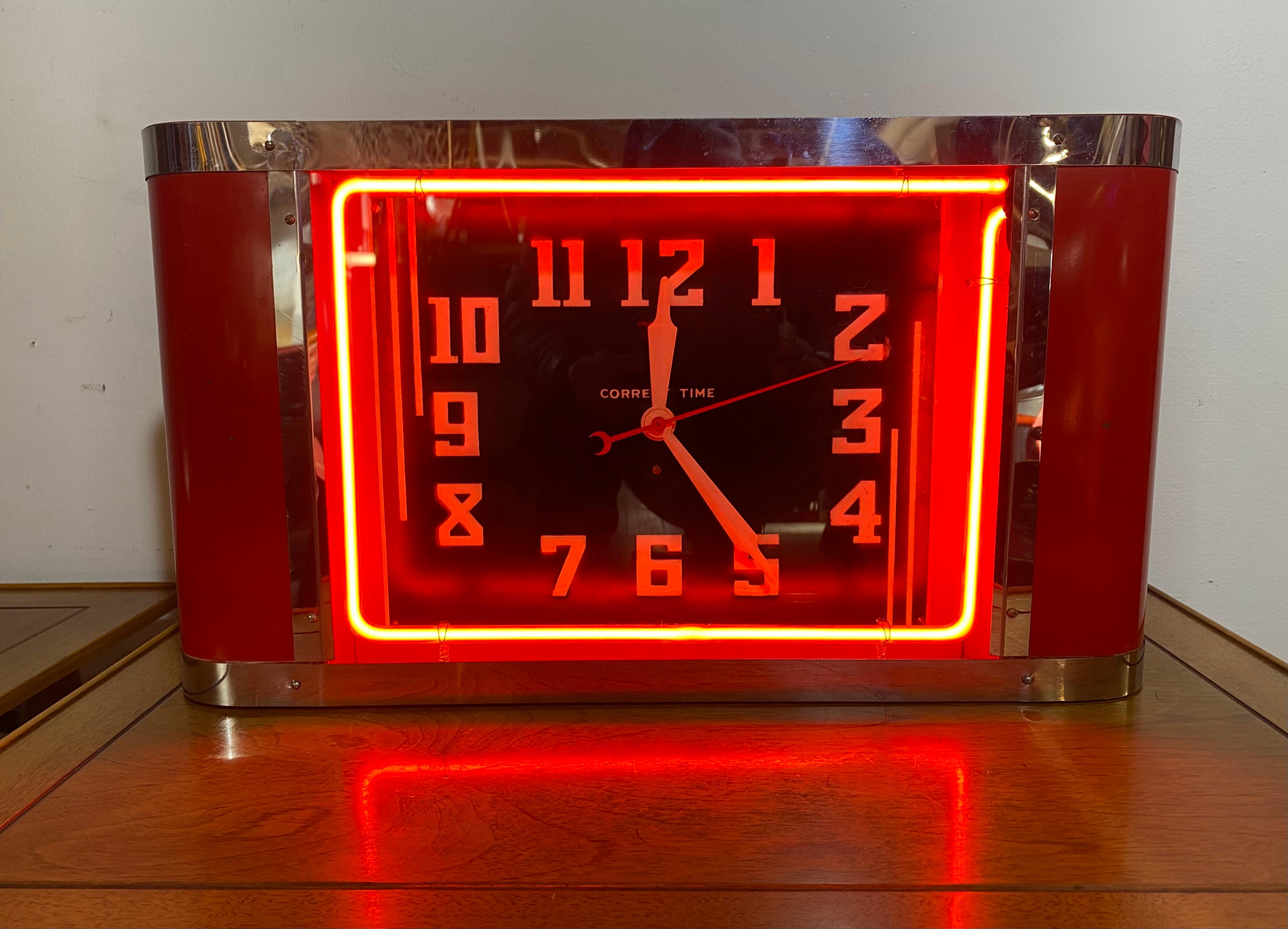American Stunning Unmolested Original Wall / Counter Art Deco Neon Clock  For Sale