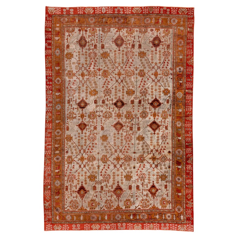Colorful Old Rug Stunning and Unusual Antique Oushak Rug, Double Colorful Border ...