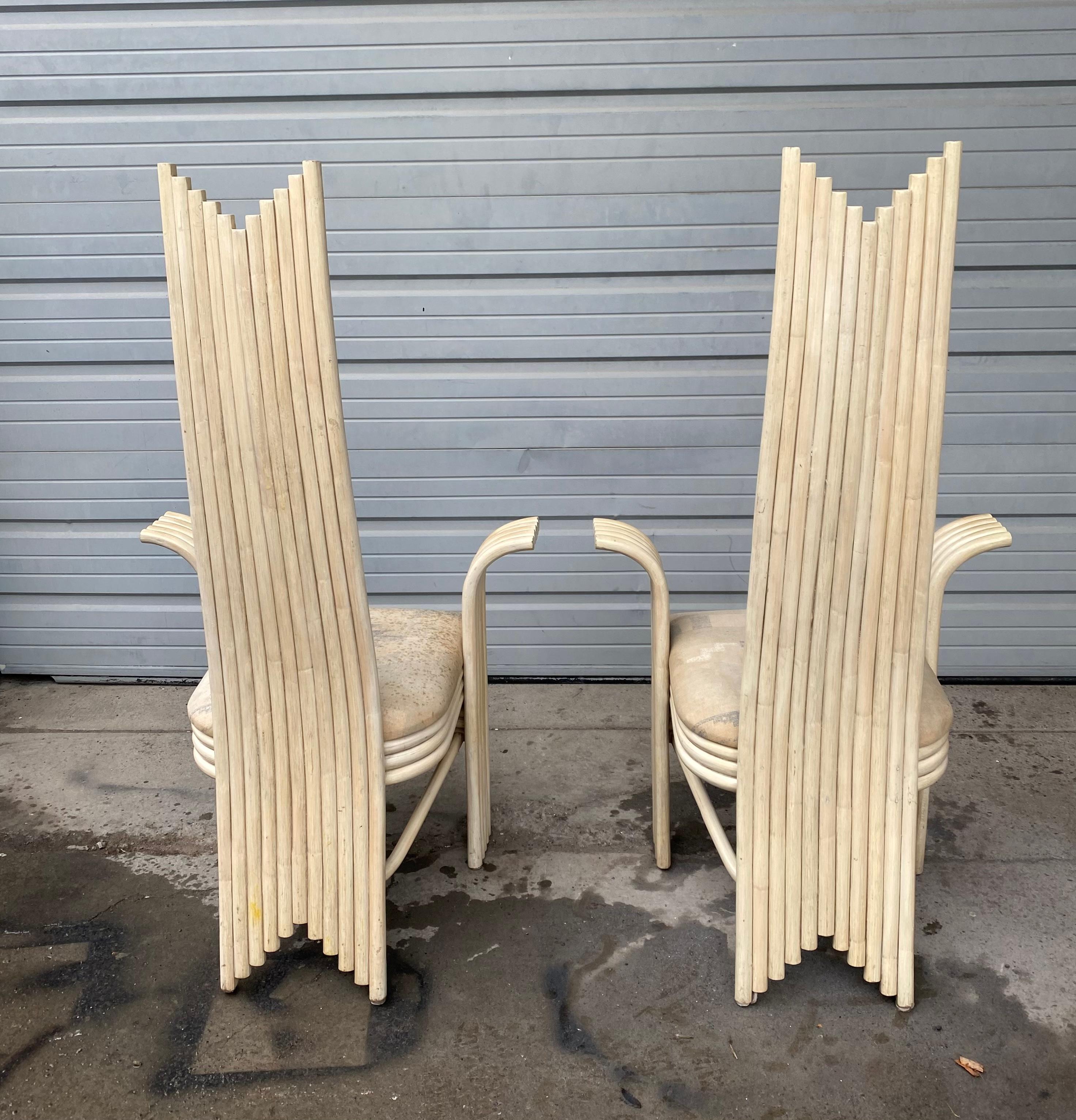 Late 20th Century Stunning, Unusual Pair Rattan/ Bamboo Arm Chairs, Attrib to Danny Ho Fong For Sale