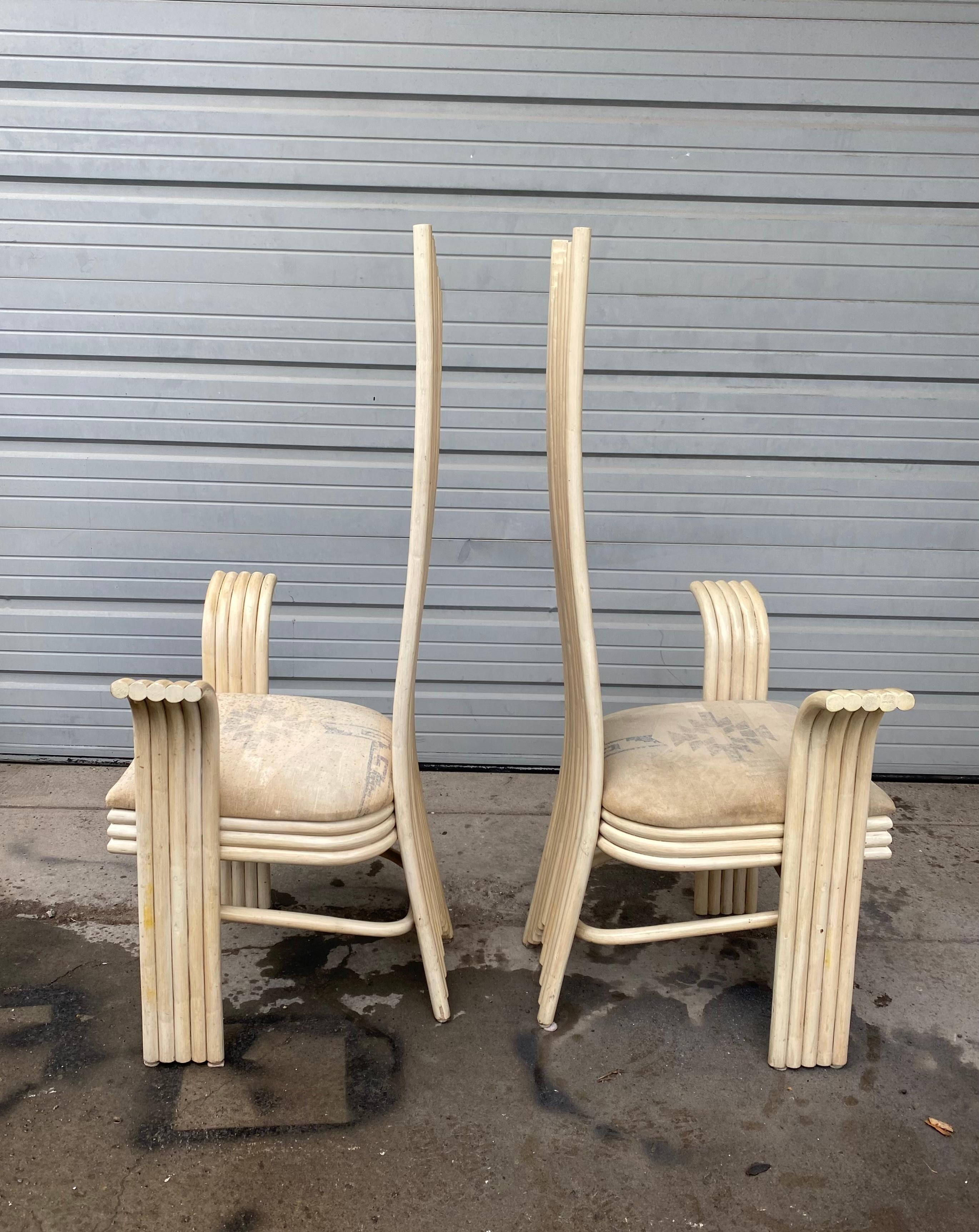 Fabric Stunning, Unusual Pair Rattan/ Bamboo Arm Chairs, Attrib to Danny Ho Fong For Sale