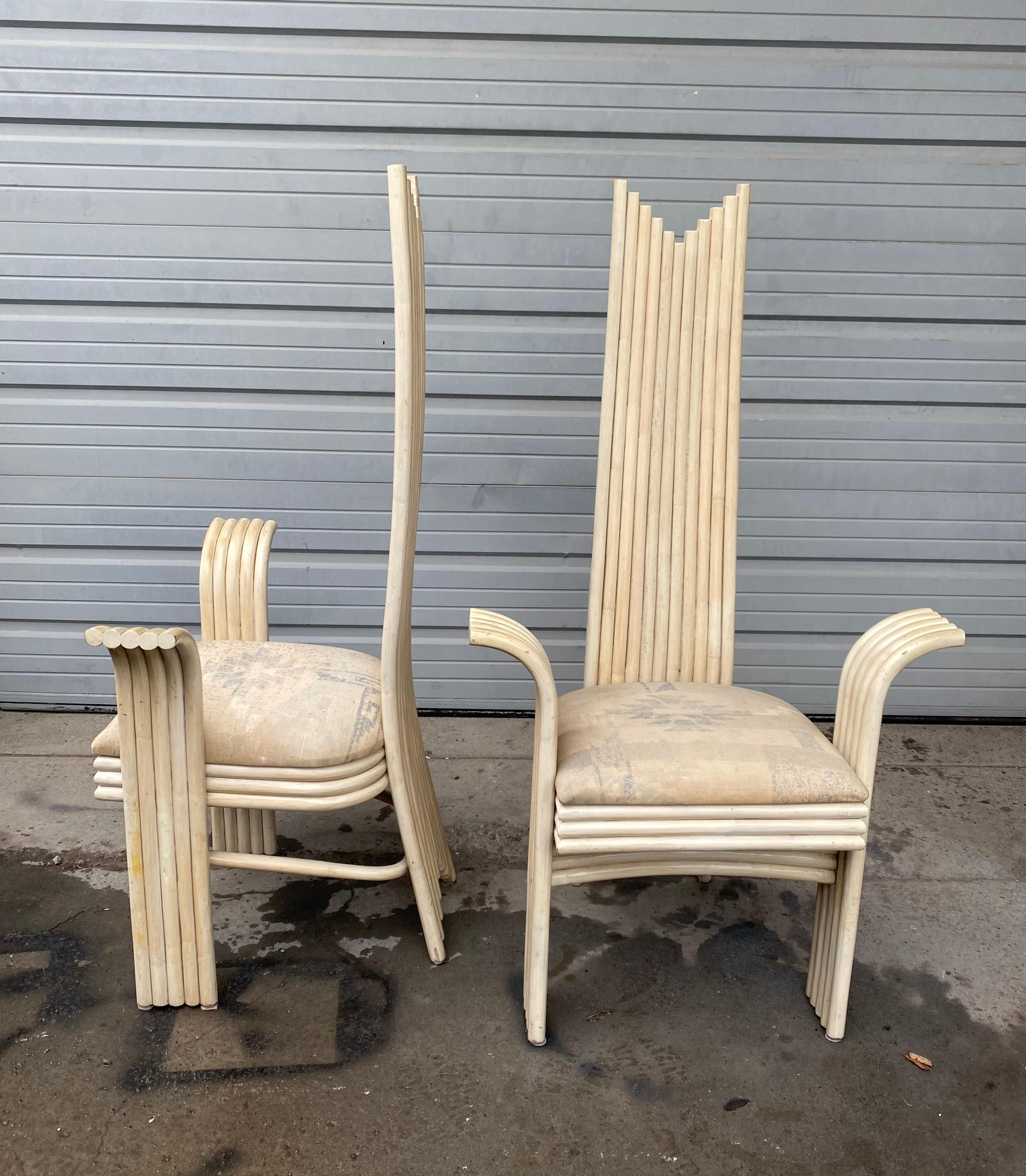 Stunning, Unusual Pair Rattan/ Bamboo Arm Chairs, Attrib to Danny Ho Fong For Sale 1