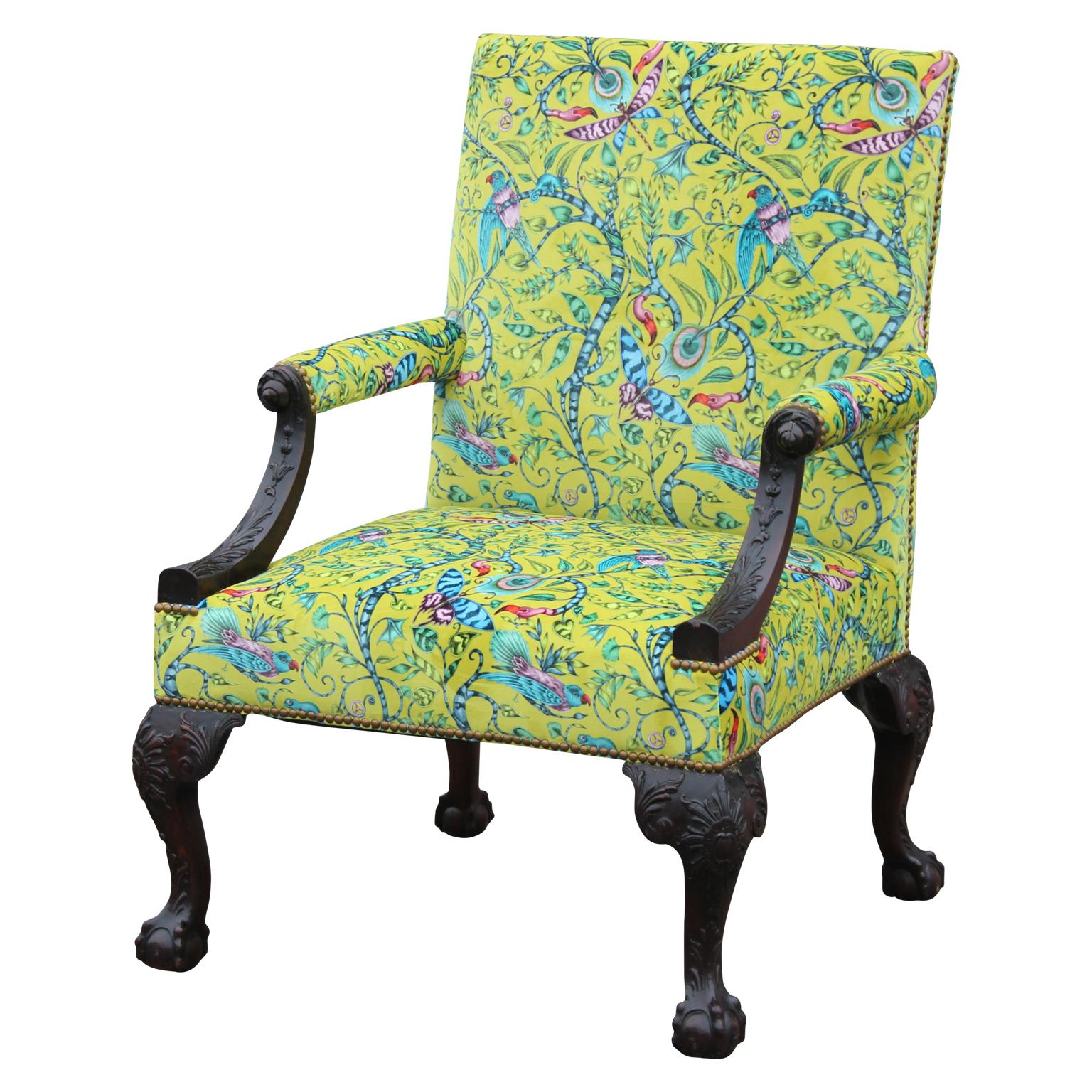 American Classical Stunning Upholstered Highly Carved Gainsborough George the Second Library Chair